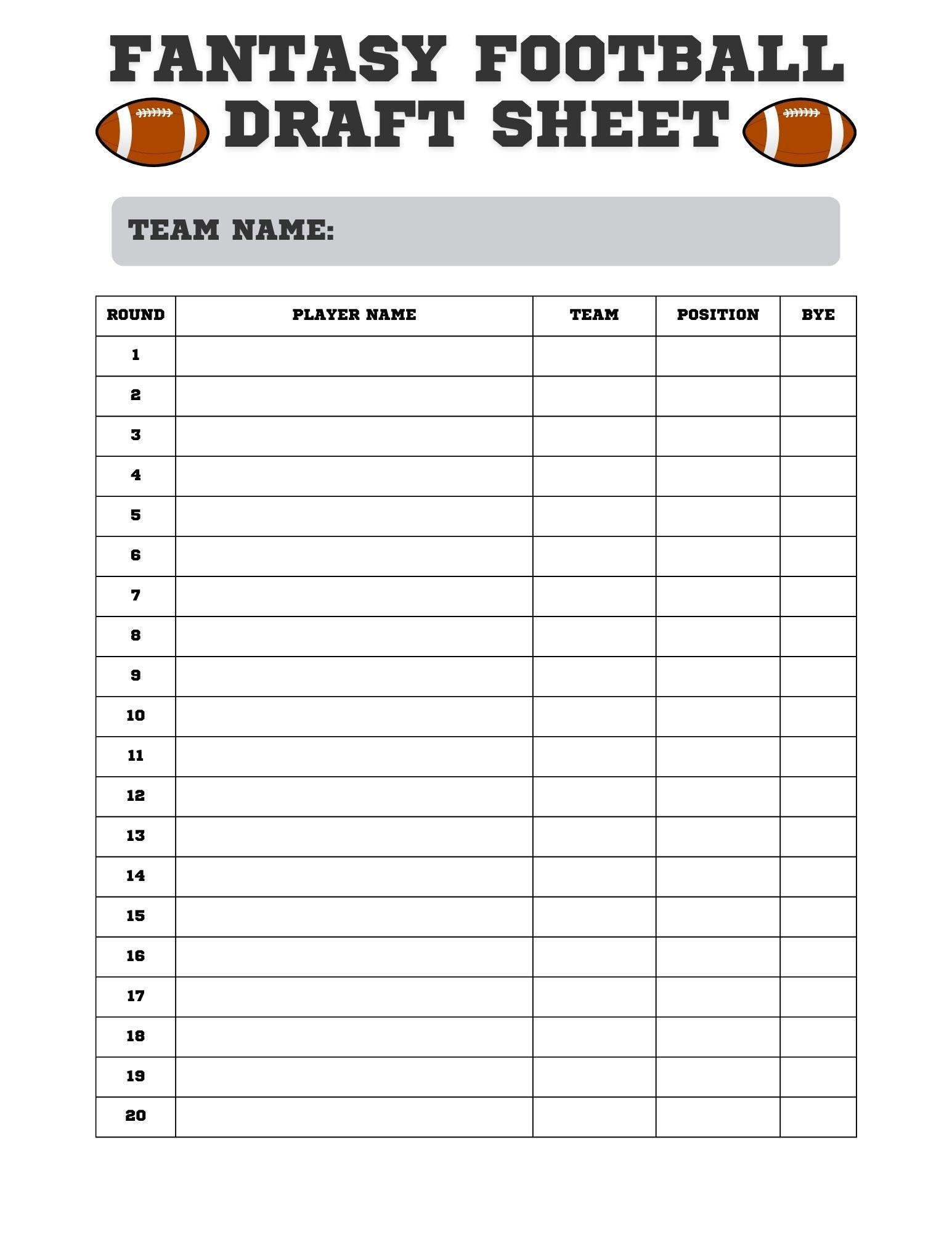 Fantasy Football Draft Sheet: Printable Draft Day Kit (Digital inside Fantasy Football Draft Sheets Printable Free