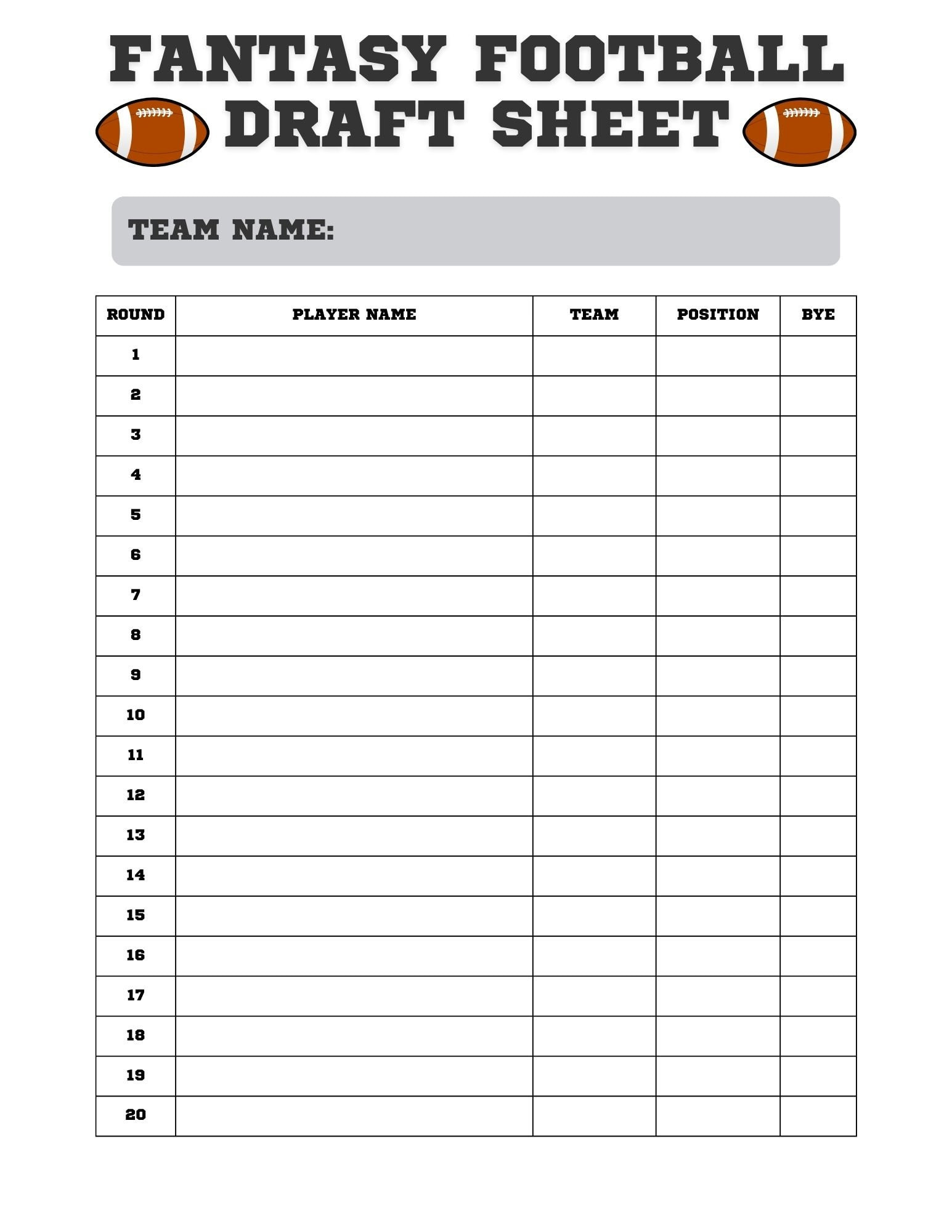 Fantasy Football Draft Sheet: Printable Draft Day Kit (Digital intended for Free Fantasy Football Printable Draft Sheets