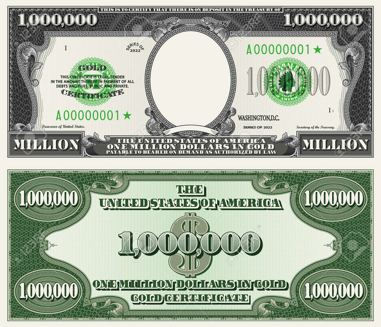 Fictional Obverse And Reverse Of A 1000000 Dollars Gold with regard to Free Printable Million Dollar Bill