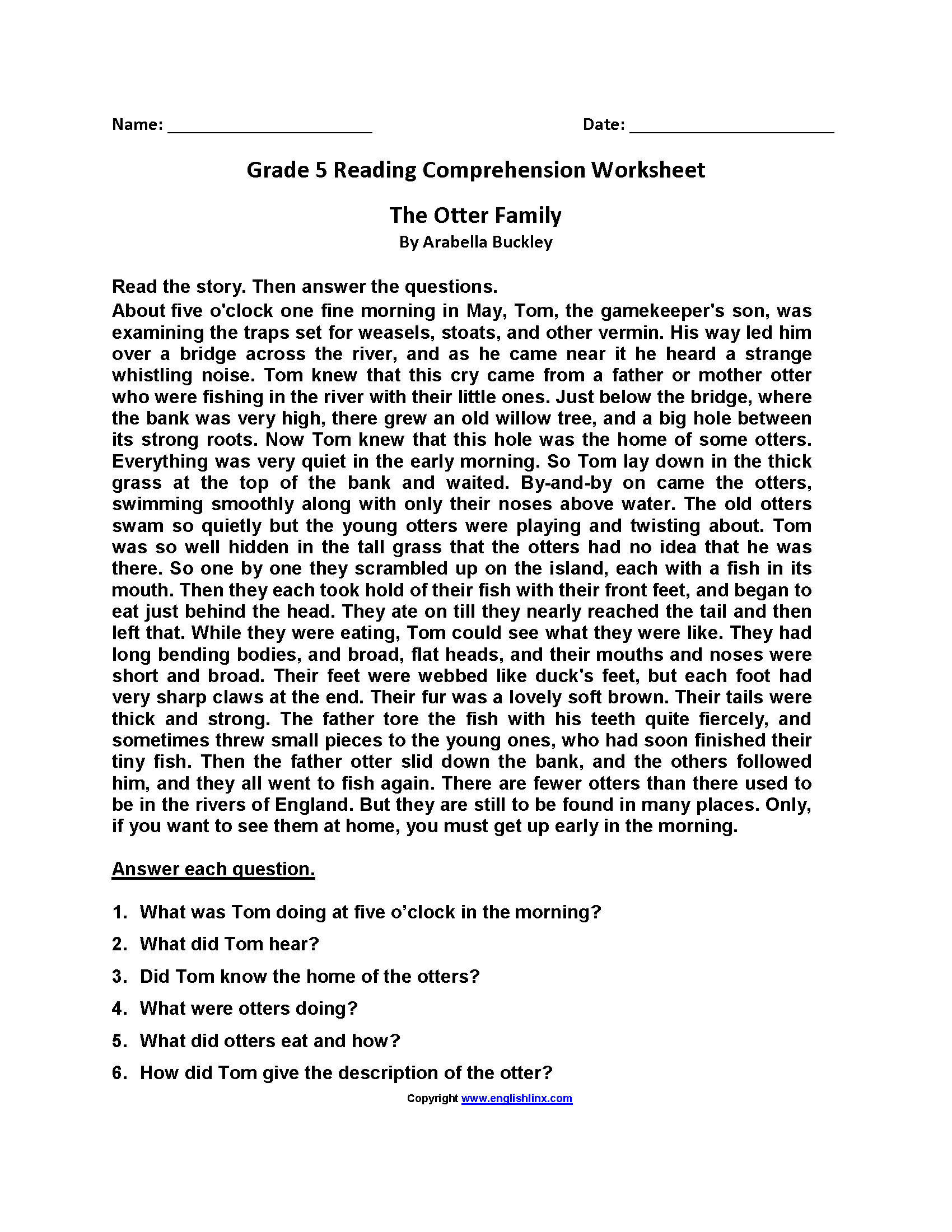 Fifth Grade Reading Worksheets | Improve Fluency & Vocabulary for Free Printable Worksheets Reading Comprehension 5Th Grade