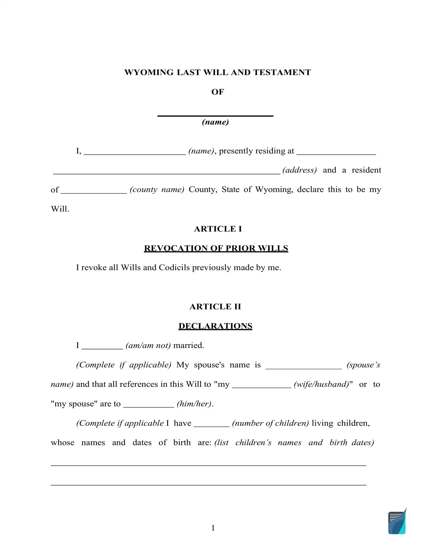 Fillable Wyoming Last Will And Testament Form [Free] | Formspal regarding Free Printable Basic Will