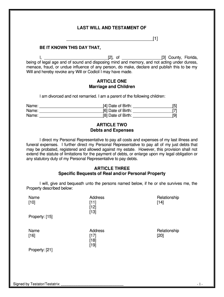 Florida Last Will And Testament Pdf Form - Fill Online, Printable in Free Printable Last Will And Testament Blank Forms Florida