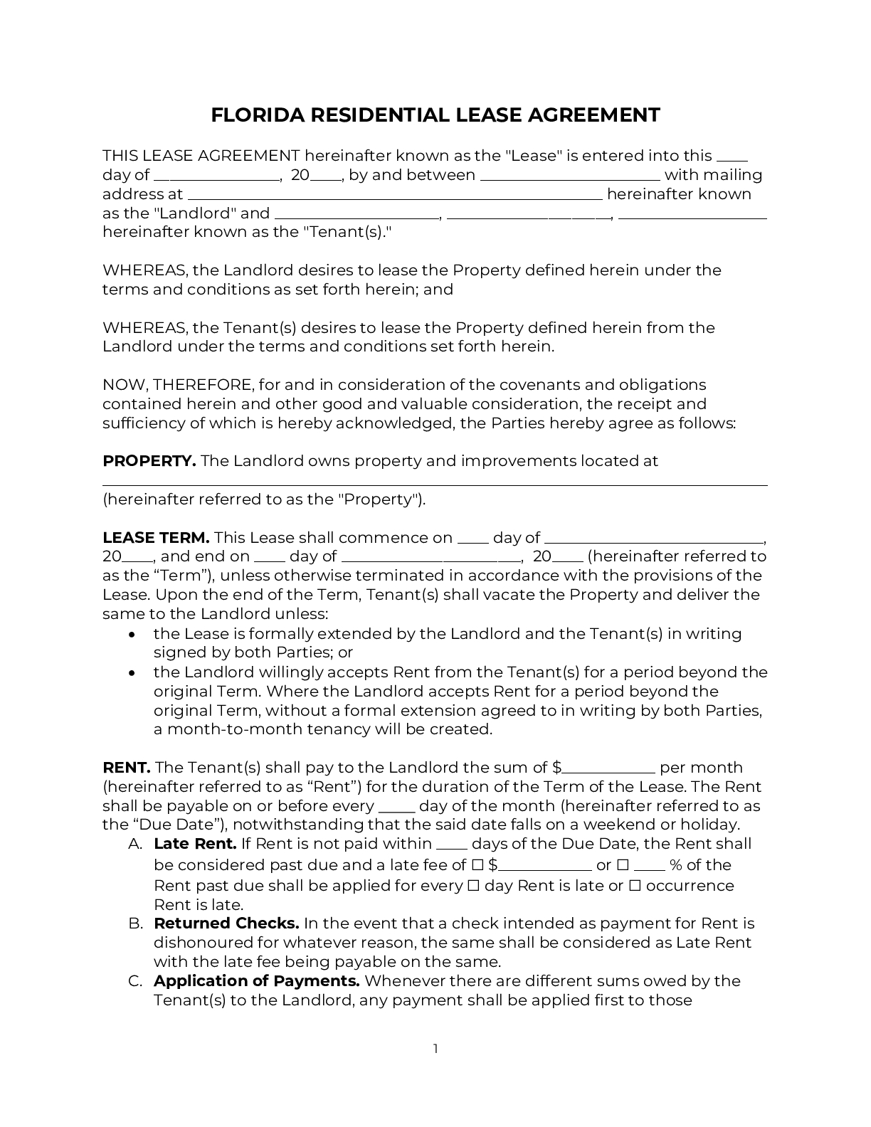 Florida Rental Lease Agreement Template (2025) | Pdf & Doc in Free Printable Florida Residential Lease Agreement