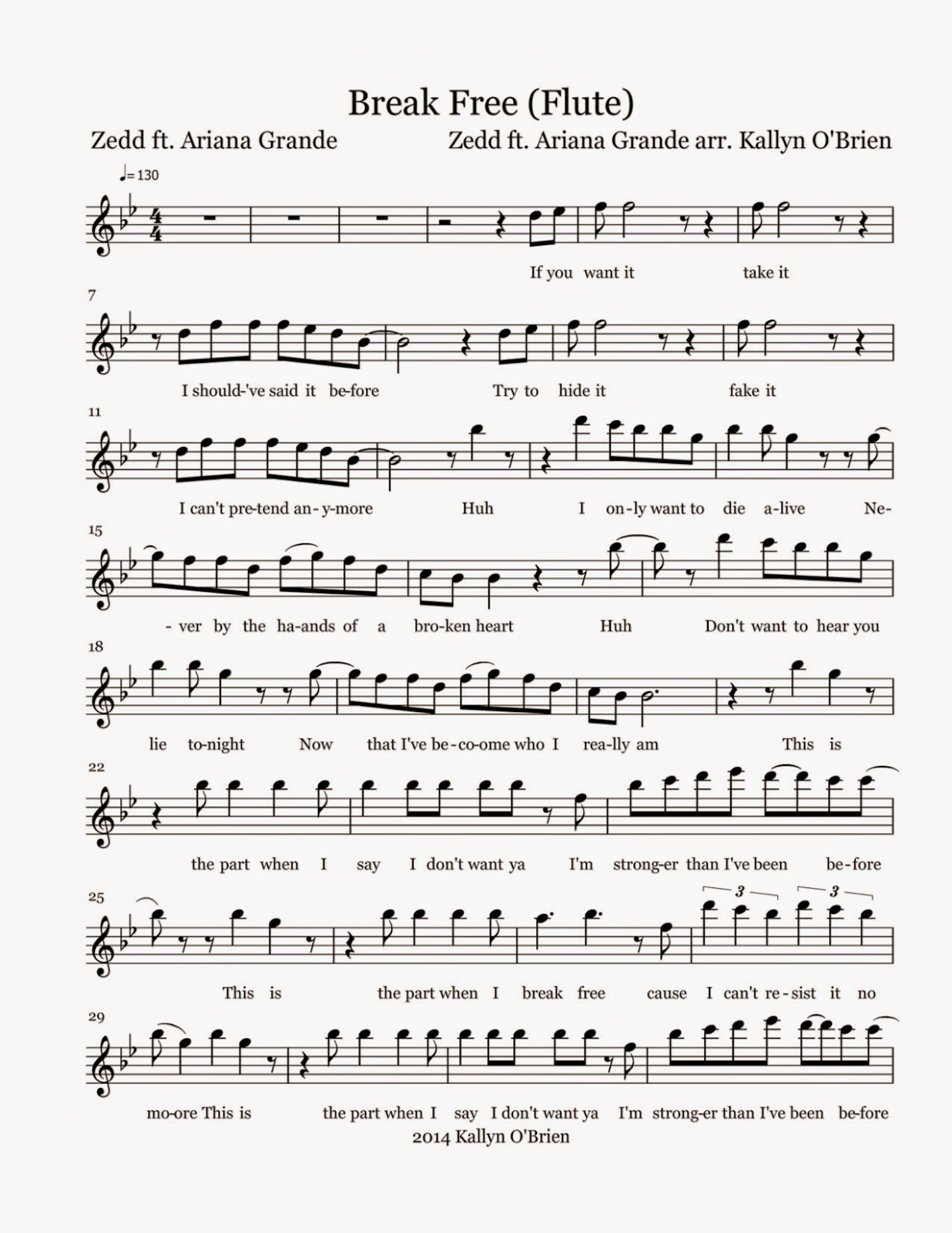 Flute Sheet Music: Break Free - Zedd Ft. Ariana Grande (Sheet Music) in Free Printable Flute Music