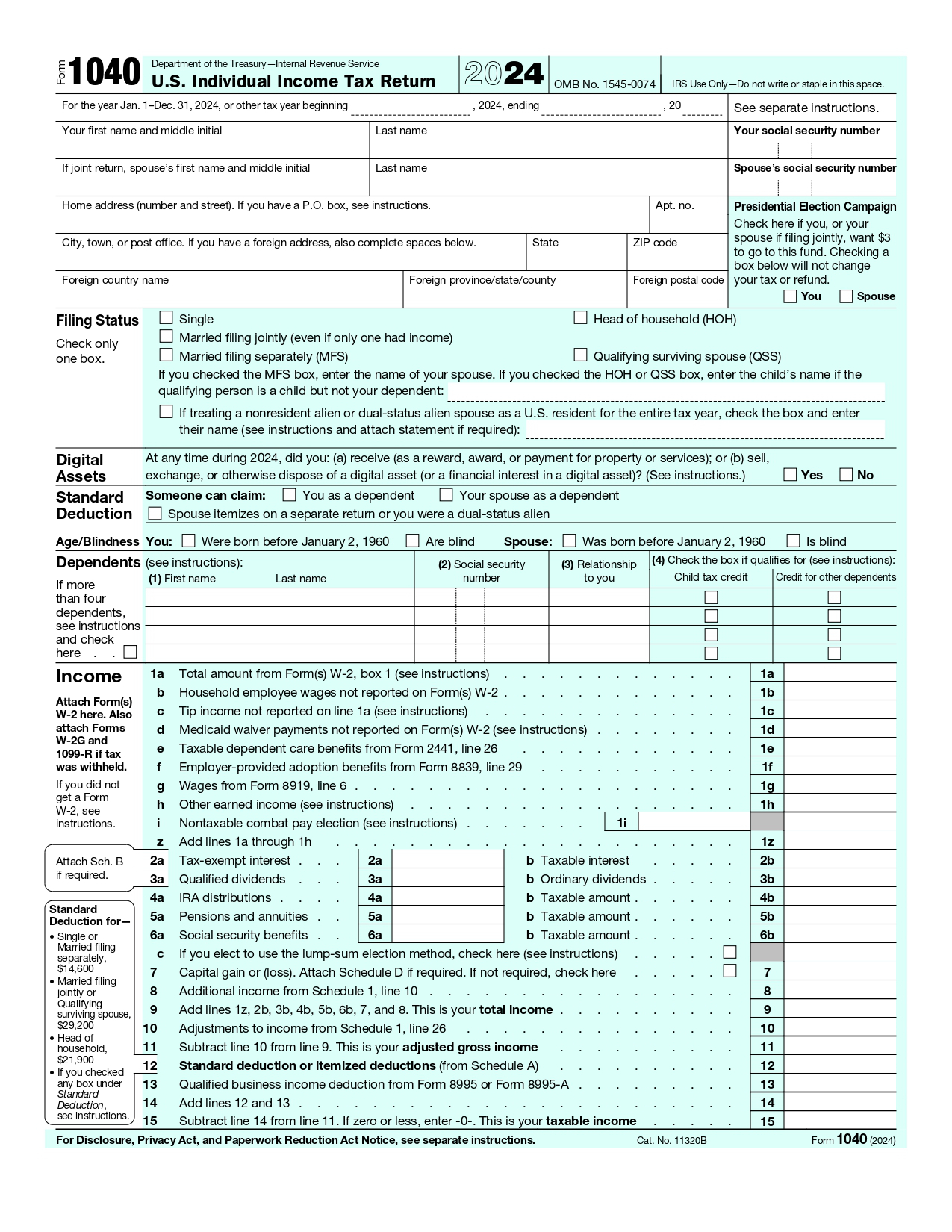 Form 1040 | Us Individual Income Tax Return | 2024 with Free Printable Irs 1040 Forms