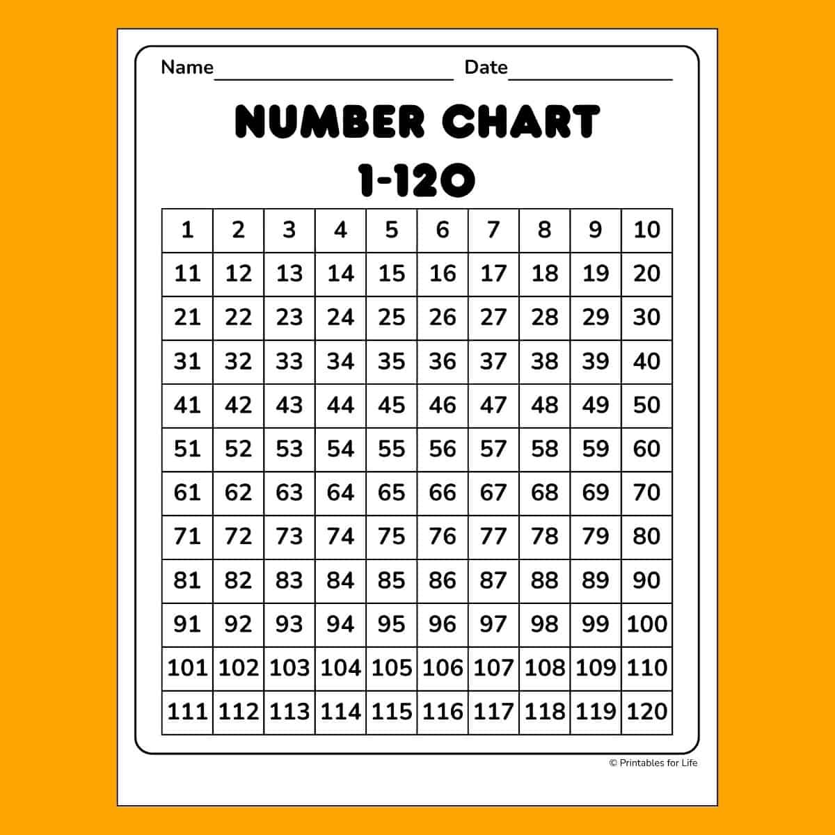 Free 1-120 Number Chart To Print For Kids within Free Printable Hundreds Chart To 120