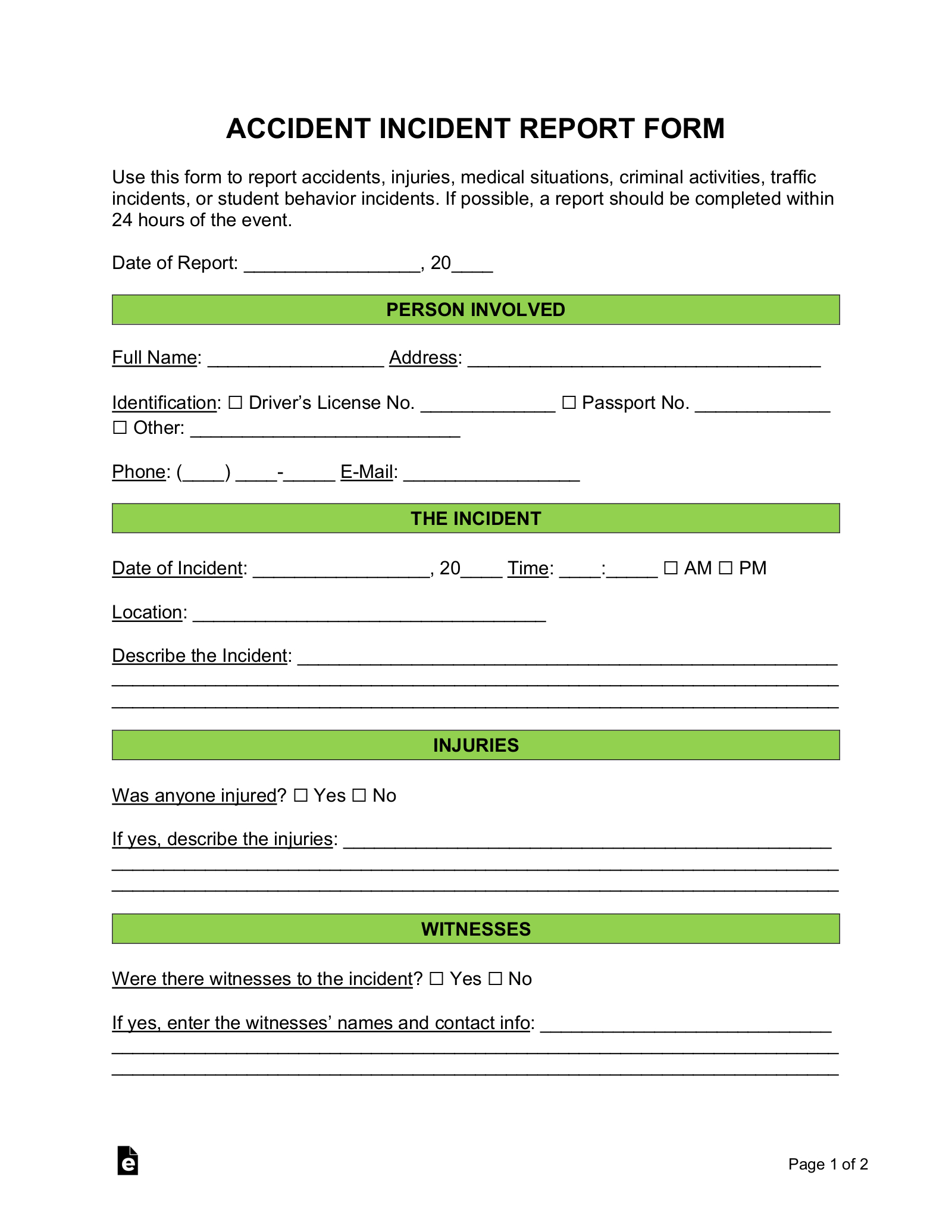 Free Accident Incident Report Form - Pdf | Word – Eforms within Free Printable Incident Report Form