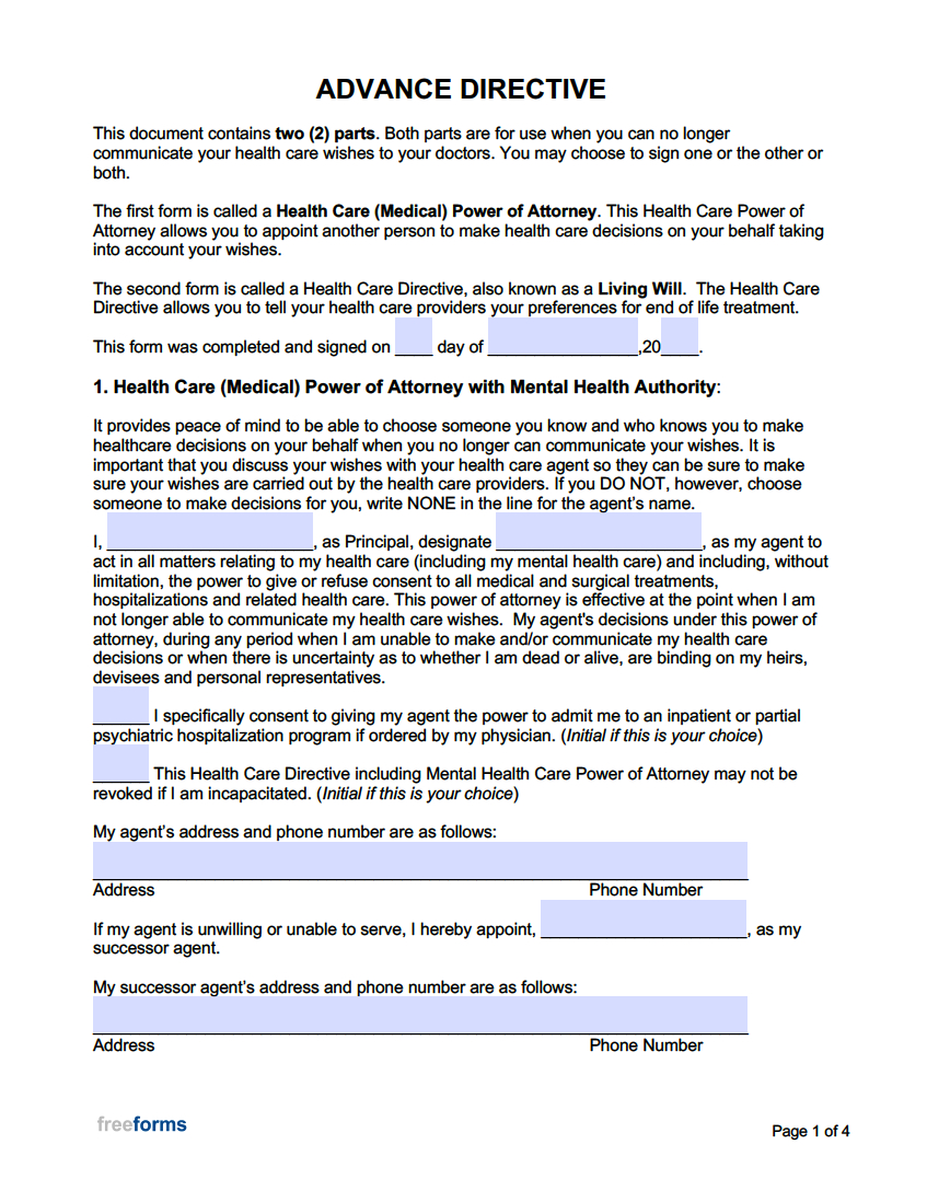 Free Advance Directive Forms (Medical Power Of Attorney & Living within Free Printable Advance Directive Form