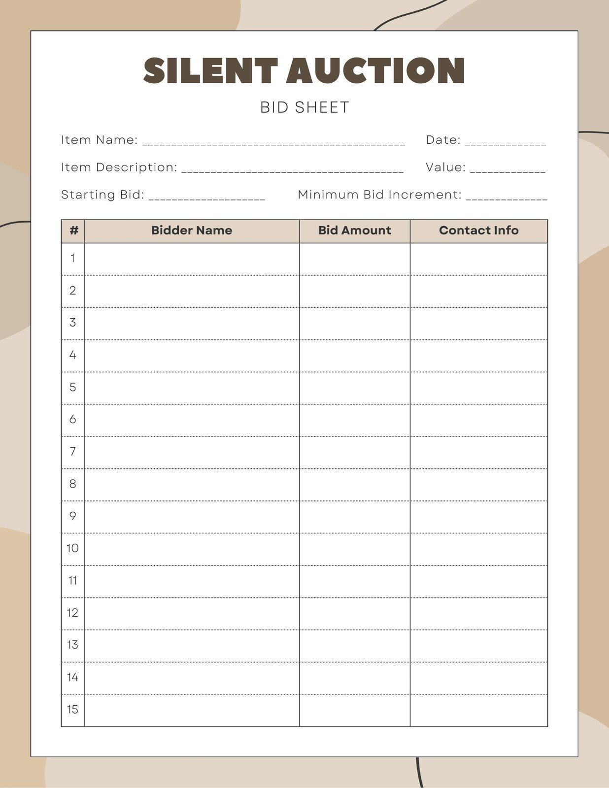 Free And Customizable Auction Templates in Free Printable Silent Auction Bid Sheets