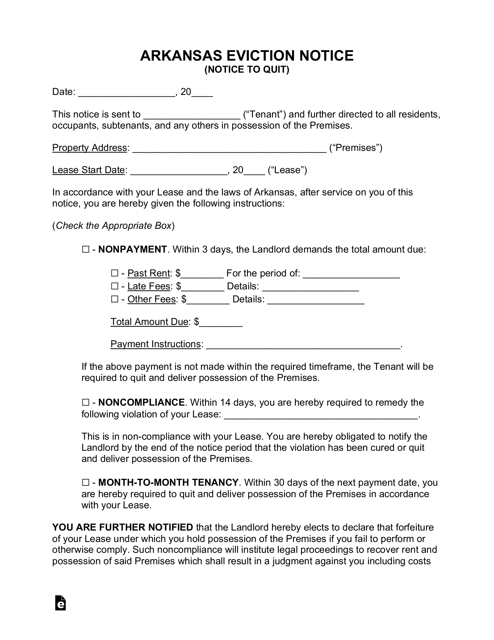 Free Arkansas Eviction Notice Forms (3) - Pdf | Word – Eforms throughout Free Printable Eviction Notice