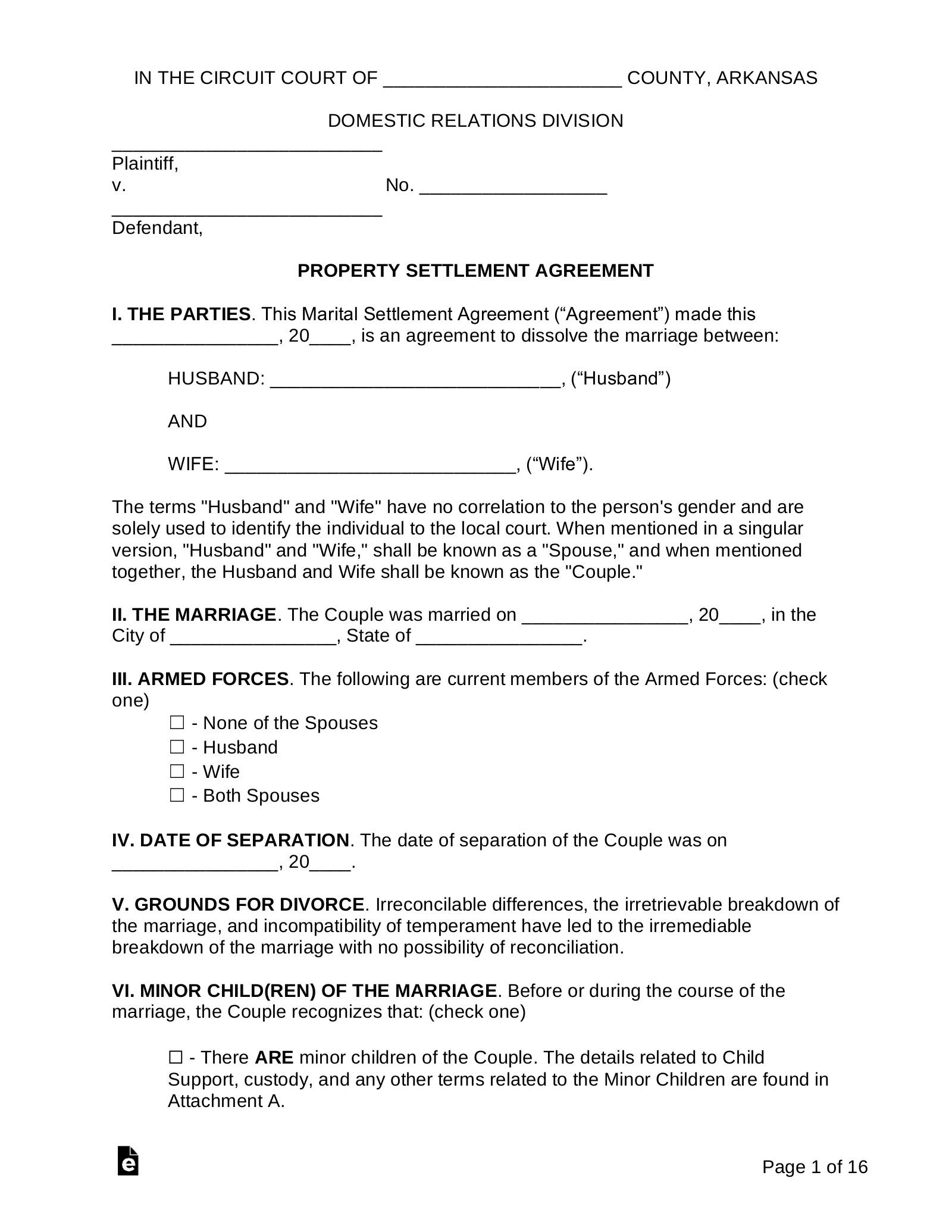 Free Arkansas Marital Settlement (Divorce) Agreement - Pdf | Word pertaining to Free Printable Divorce Papers For Arkansas