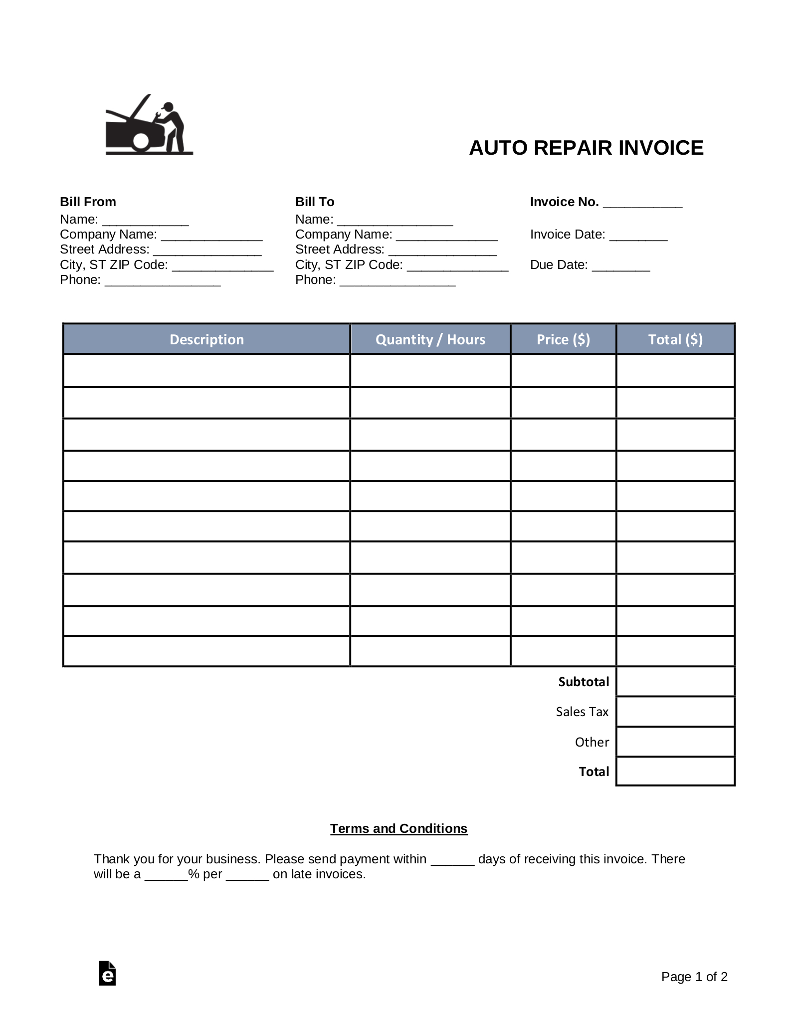 Free Auto Body (Mechanic) Invoice Template - Pdf | Word – Eforms intended for Free Printable Auto Repair Invoice Template