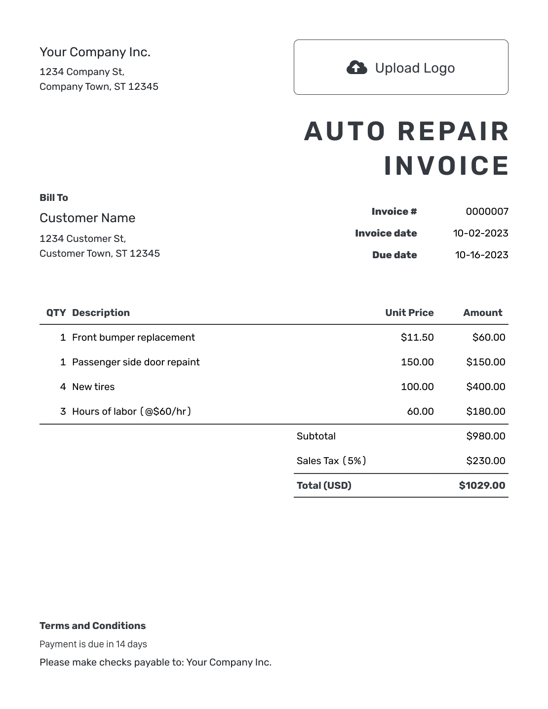 Free Auto Repair Invoice Template | Docelf with Free Printable Auto Repair Invoice Template