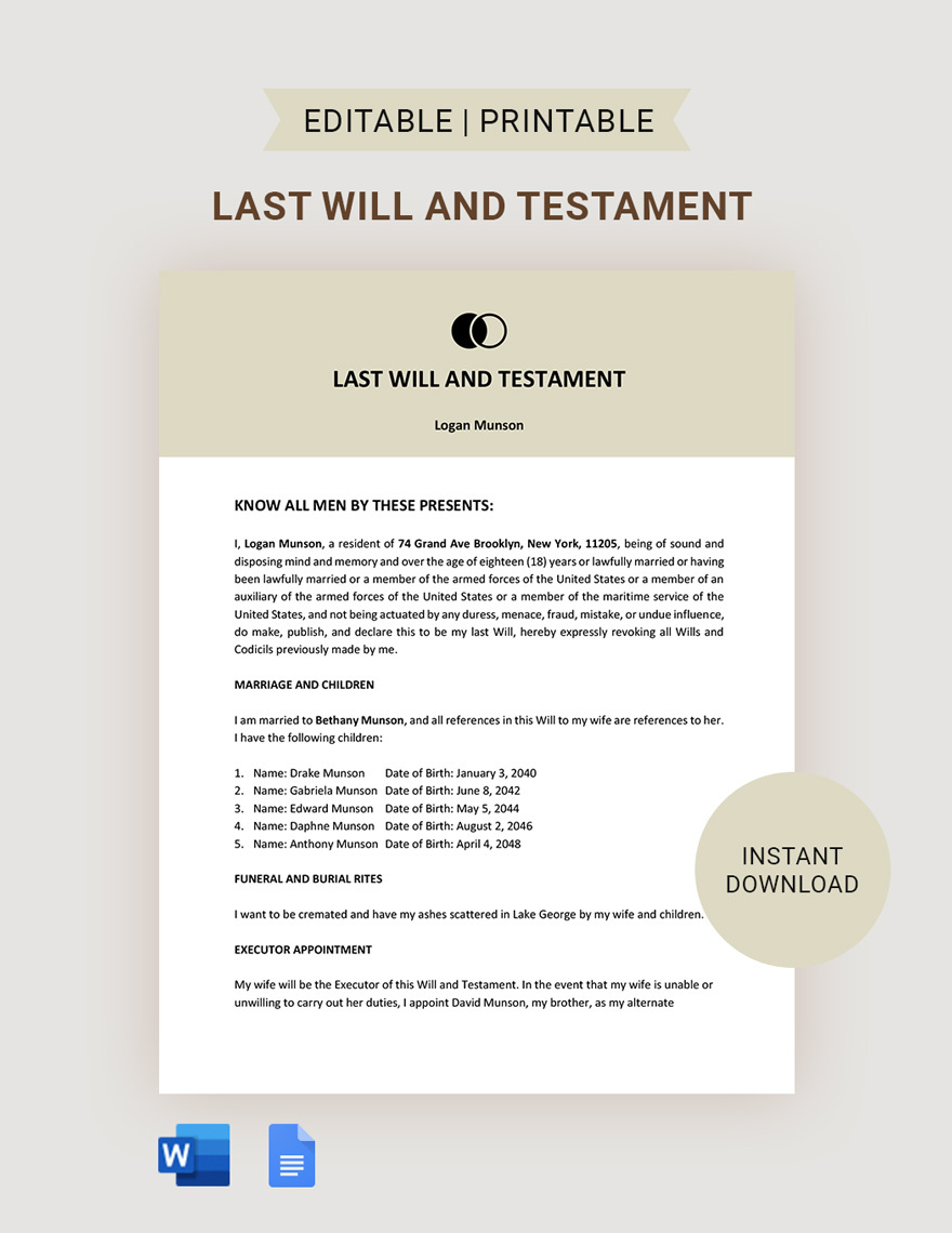 Free Basic Last Will And Testament Template In Google Docs, Word within Free Printable Basic Will