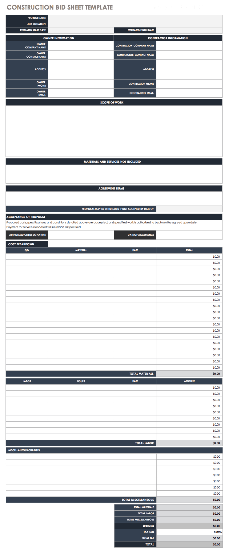 Free Bid Proposal Templates | Smartsheet regarding Free Printable Contractor Bid Forms