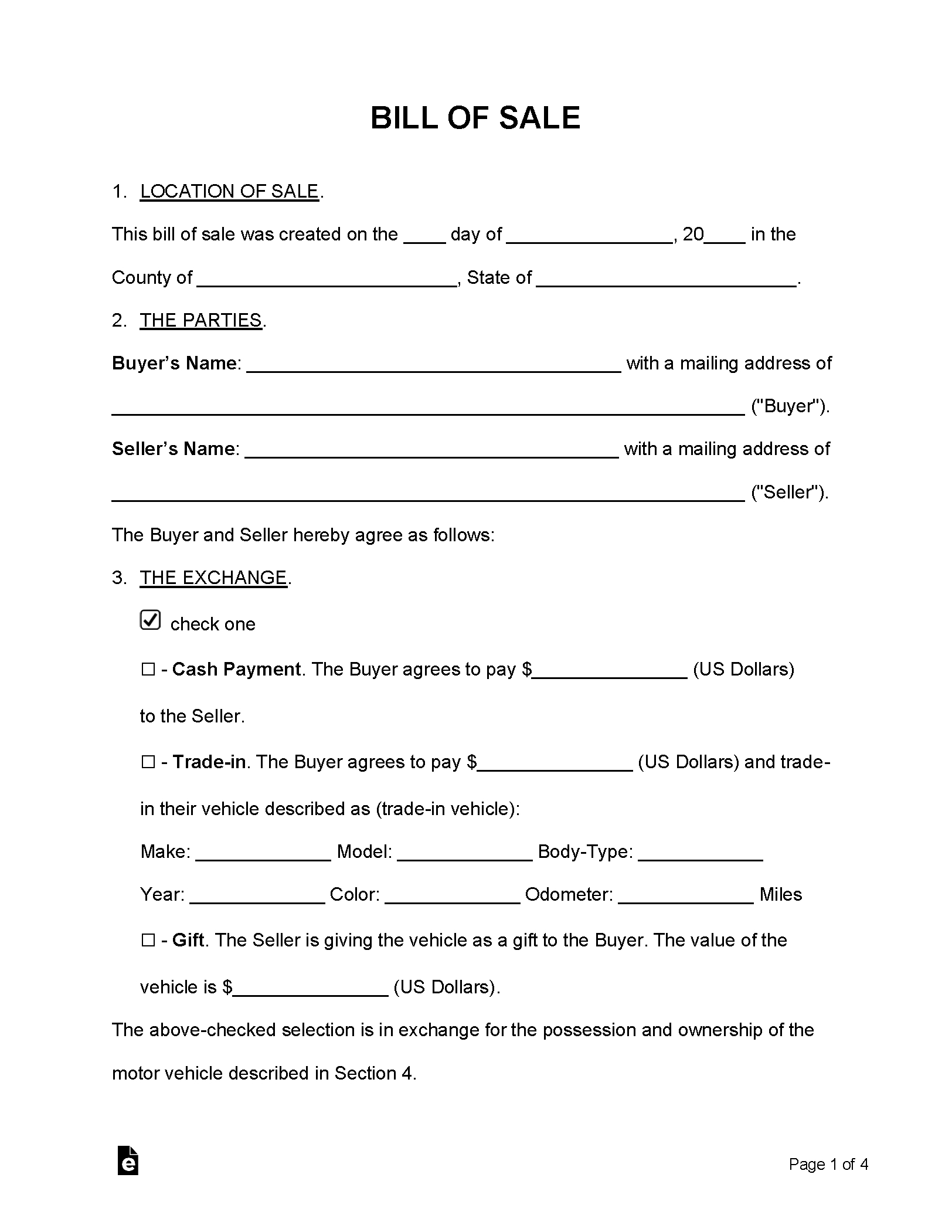 Free Bill Of Sale Forms (24) - Pdf | Word – Eforms intended for Free Printable Blank Auto Bill Of Sale