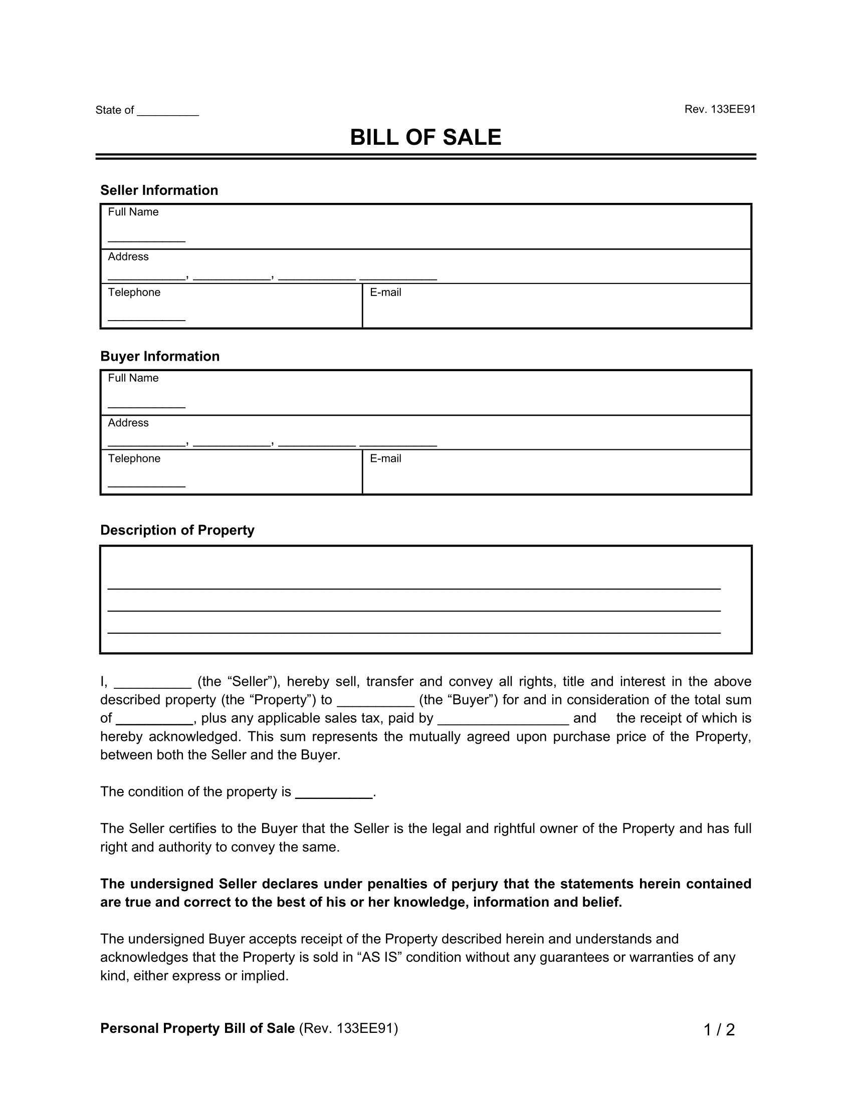 Free Bill Of Sale Templates | Pdf &amp;amp; Word with regard to Free Printable Blank Auto Bill Of Sale