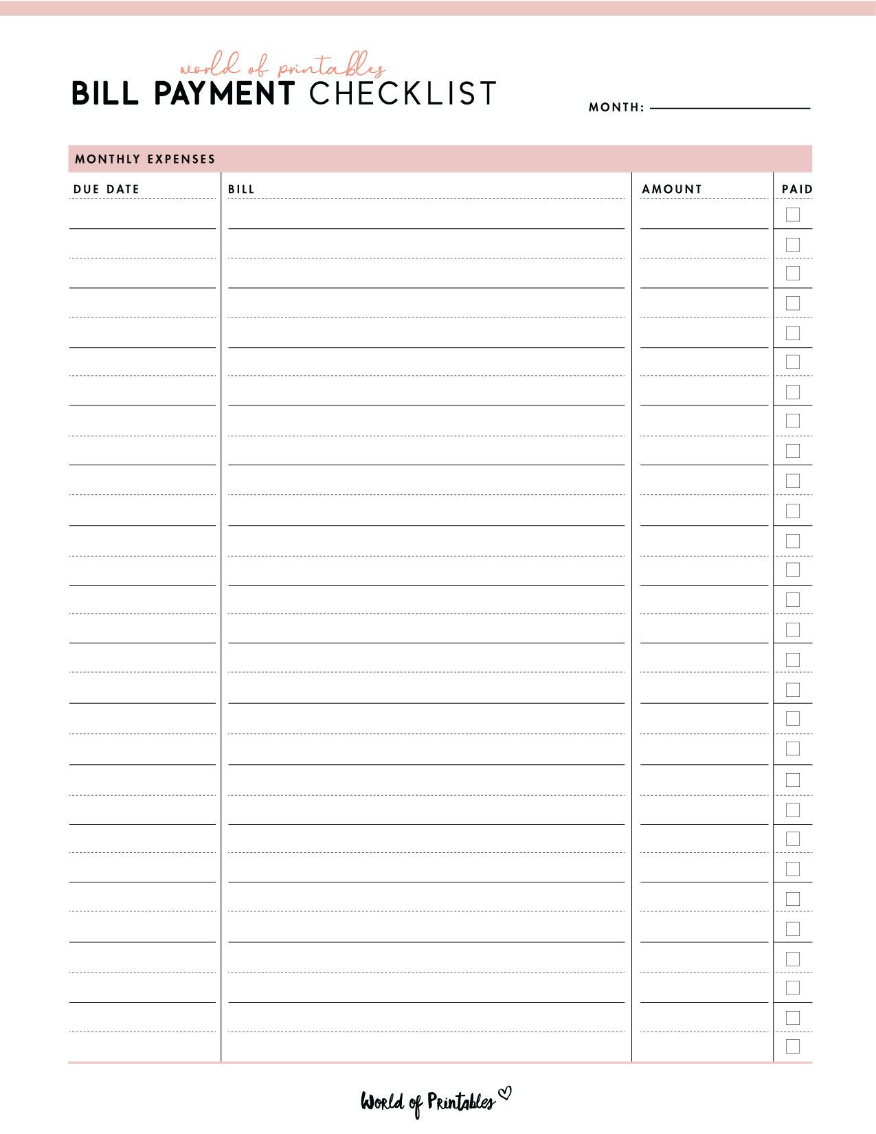 Free Bill Payment Checklist Pdf - World Of Printables - Worksheets intended for Free Printable Bill Pay Checklist