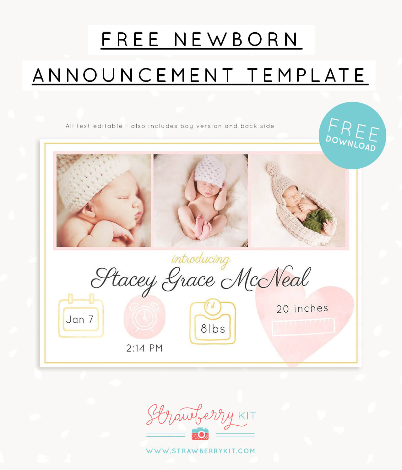 Free Birth Announcement Template For Photoshop – Strawberry Kit inside Free Birth Announcements Printable