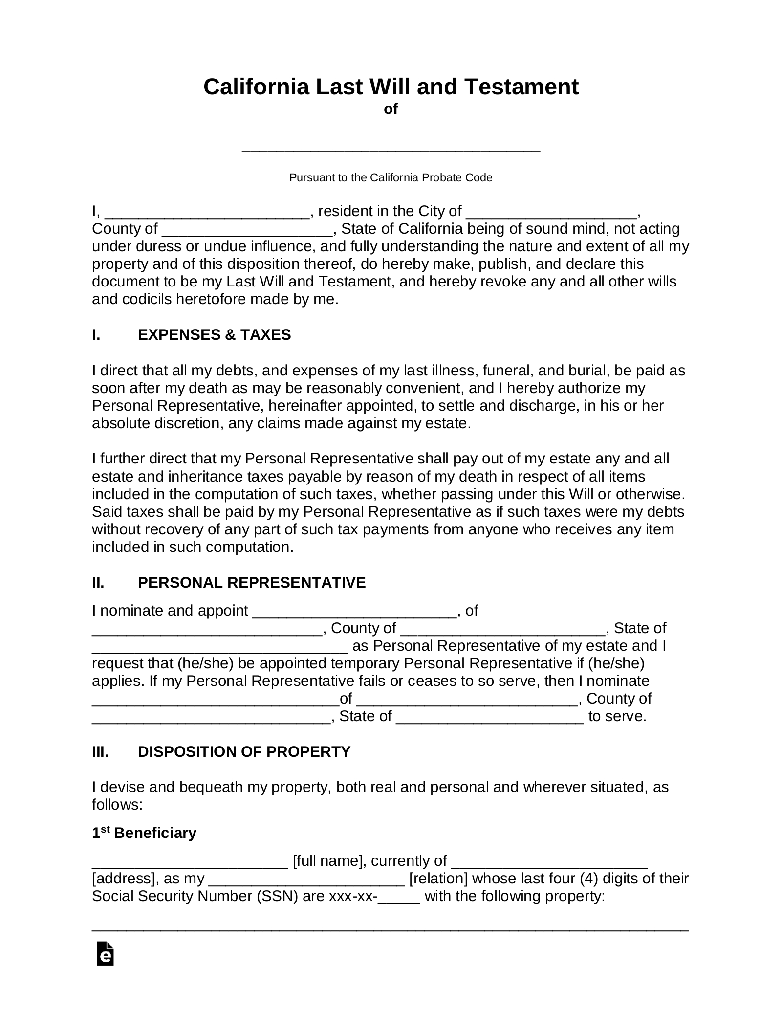 Free California Last Will And Testament Template - Pdf | Word – Eforms with regard to Free Printable Legal Forms California