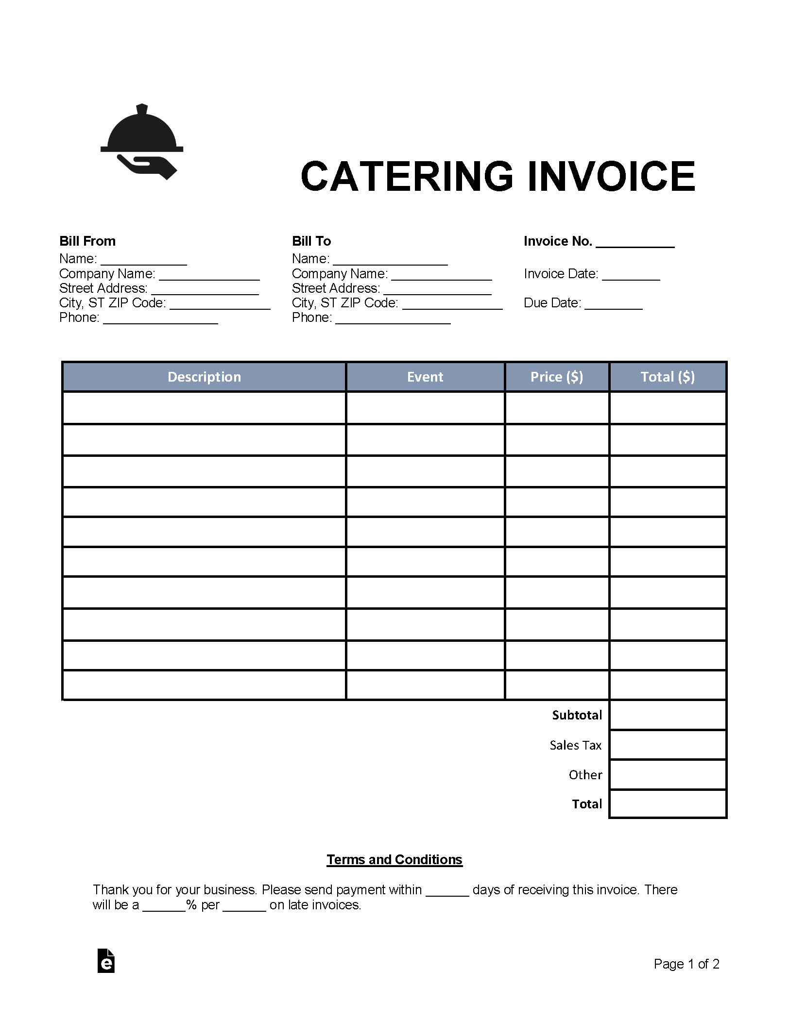 Free Catering Invoice Template - Pdf | Word – Eforms with Free Printable Catering Invoice Template