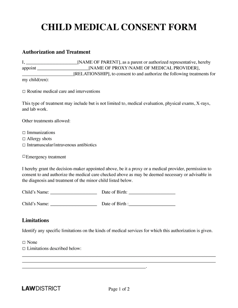 Free Child Medical Consent Form | Online Template | Lawdistrict throughout Free Printable Child Medical Consent Form