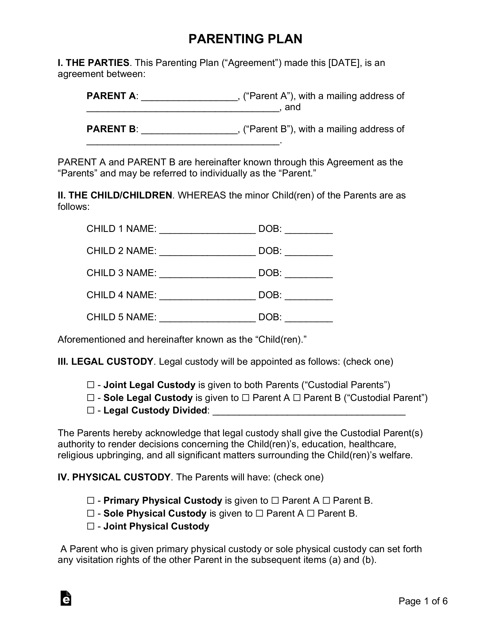 Free Custody (Parenting Plan) Agreement Template - Pdf | Word – Eforms throughout Free Printable Child Custody Forms