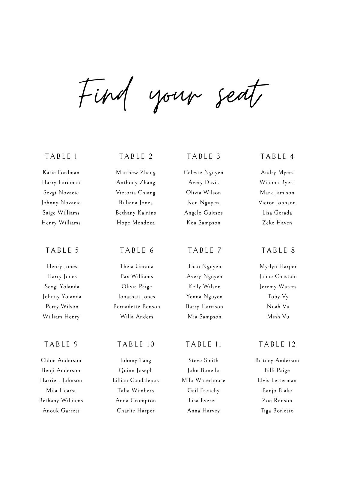 Free Custom Printable Wedding Seating Chart Templates | Canva in Free Printable Wedding Seating Chart Template