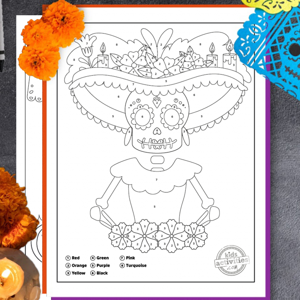Free Day Of The Dead Colornumber Printable Activity | Kids with Free Printable Day Of The Dead Worksheets