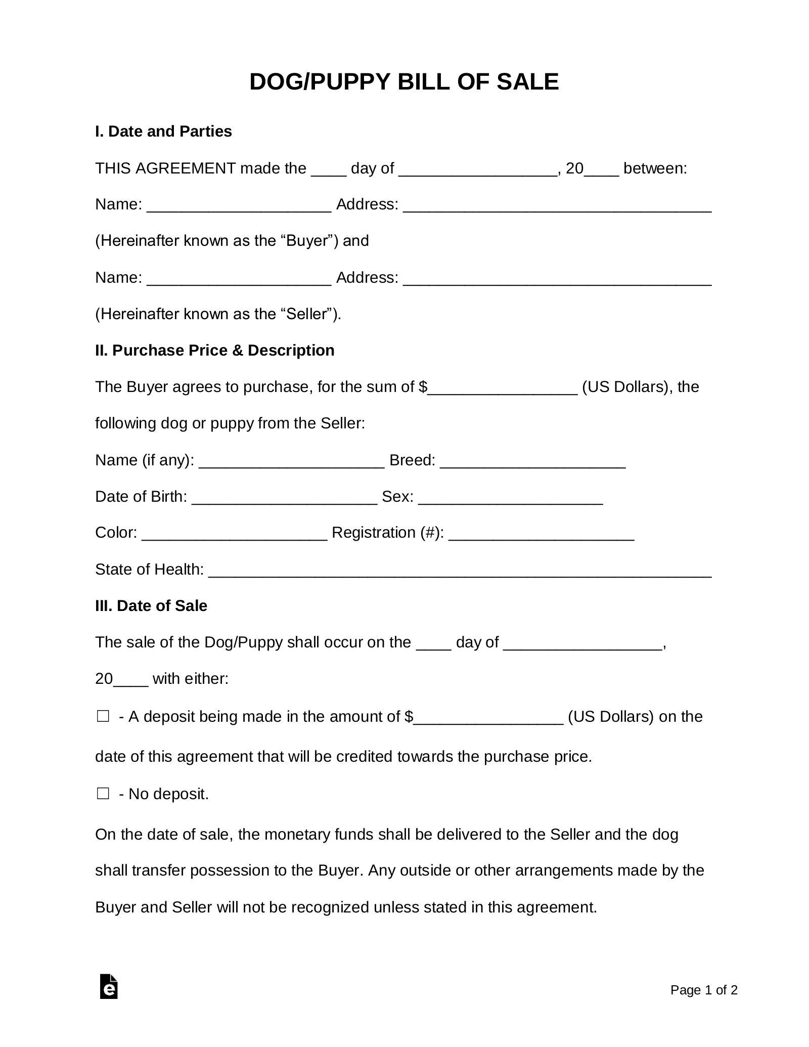 Free Dog/Puppy Bill Of Sale Form - Pdf | Word – Eforms pertaining to Free Printable Puppy Sales Contract
