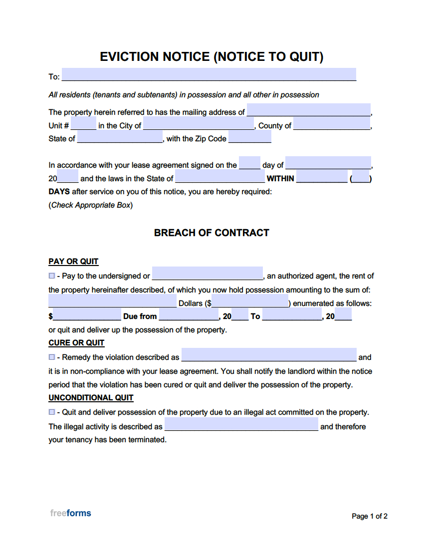 Free Eviction Notice Templates | Pdf | Word in Free Printable Blank Eviction Notice