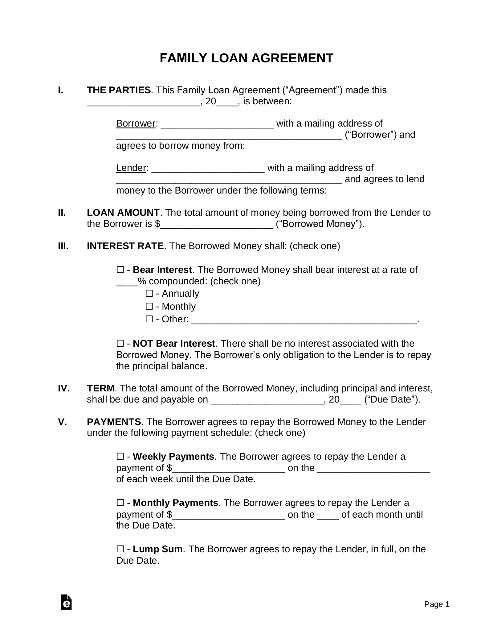 Free Family Loan Agreement Template - Pdf | Word – Eforms intended for Free Printable Loan Forms