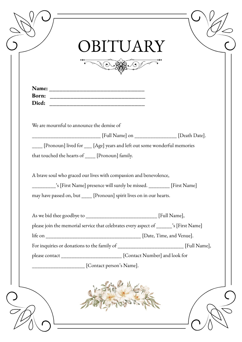 Free Fill In The Blank Obituary Template To Edit Online in Free Printable Obituary