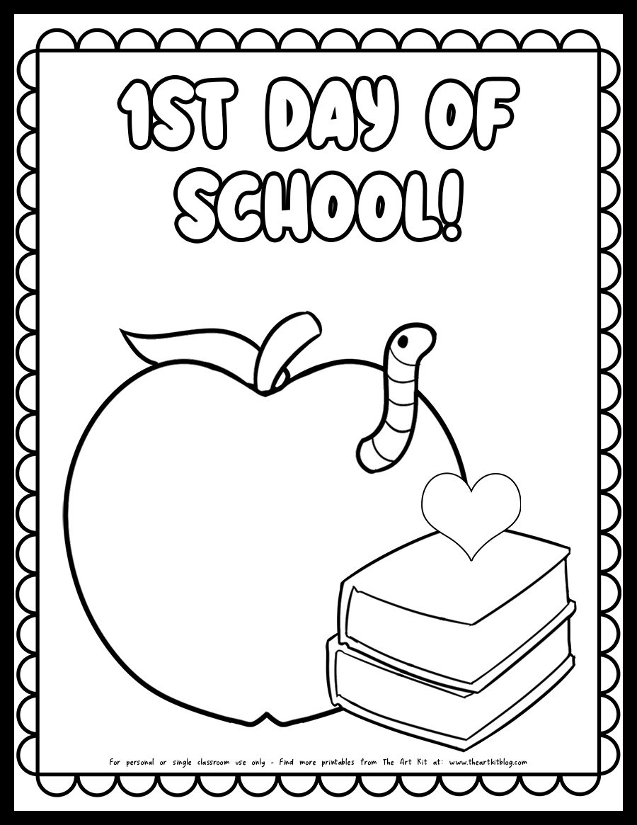 Free First Day Of School Coloring Page – Apple, Worm, And Books pertaining to Free Printable First Day Of School Coloring Pages