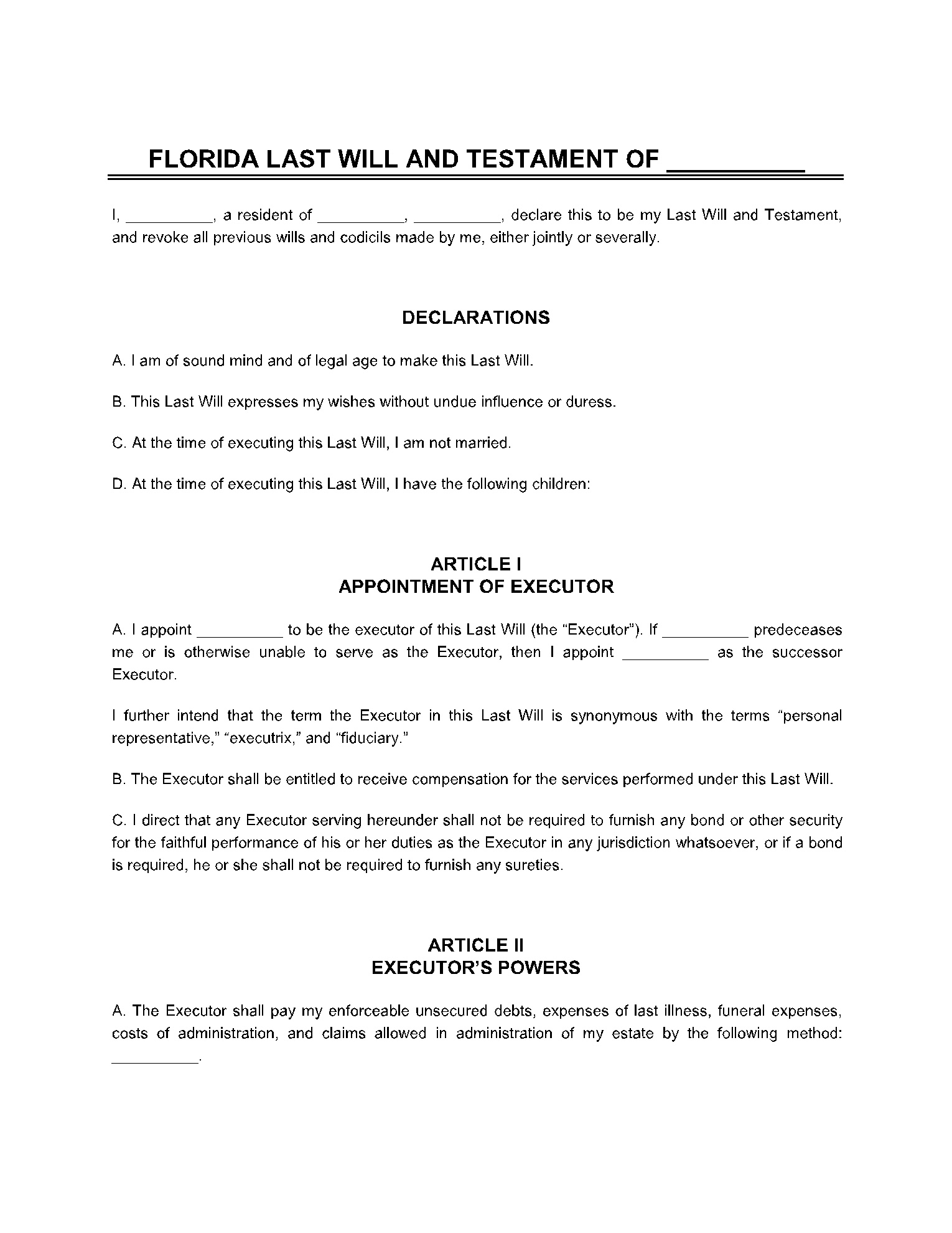Free Florida Last Will And Testament Form | Cocosign in Free Printable Last Will And Testament Blank Forms Florida