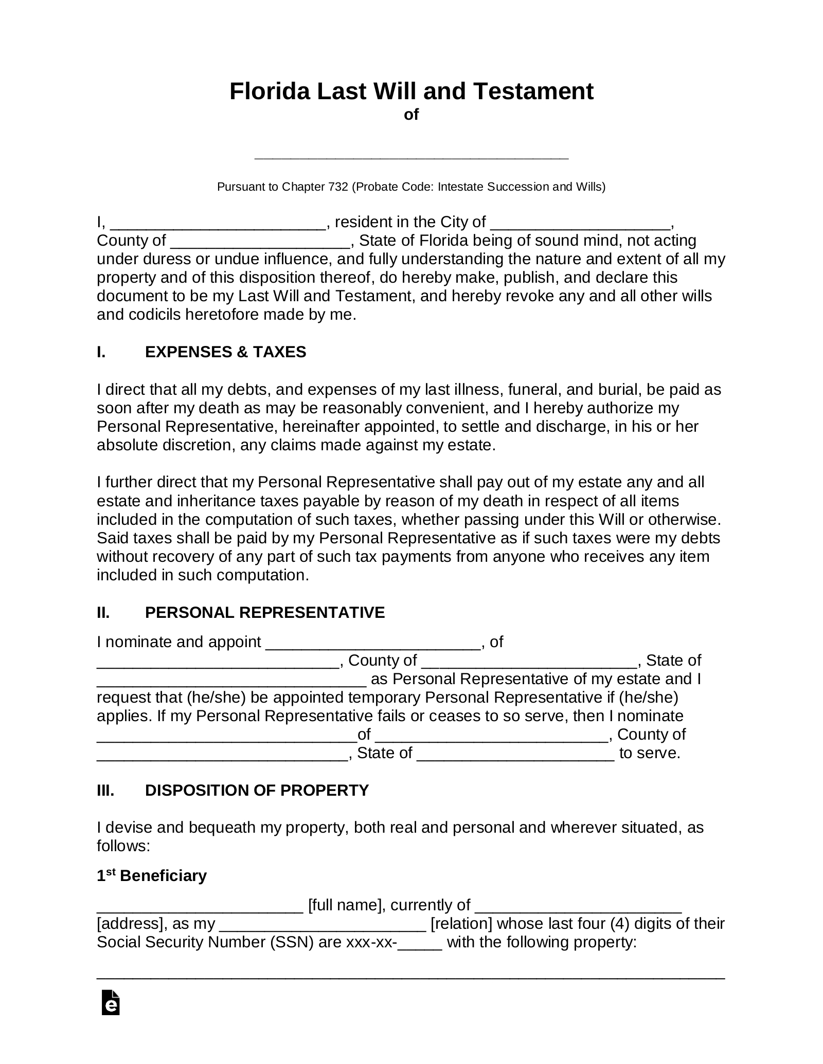 Free Florida Last Will And Testament Template - Pdf | Word – Eforms regarding Free Printable Last Will And Testament Blank Forms Florida