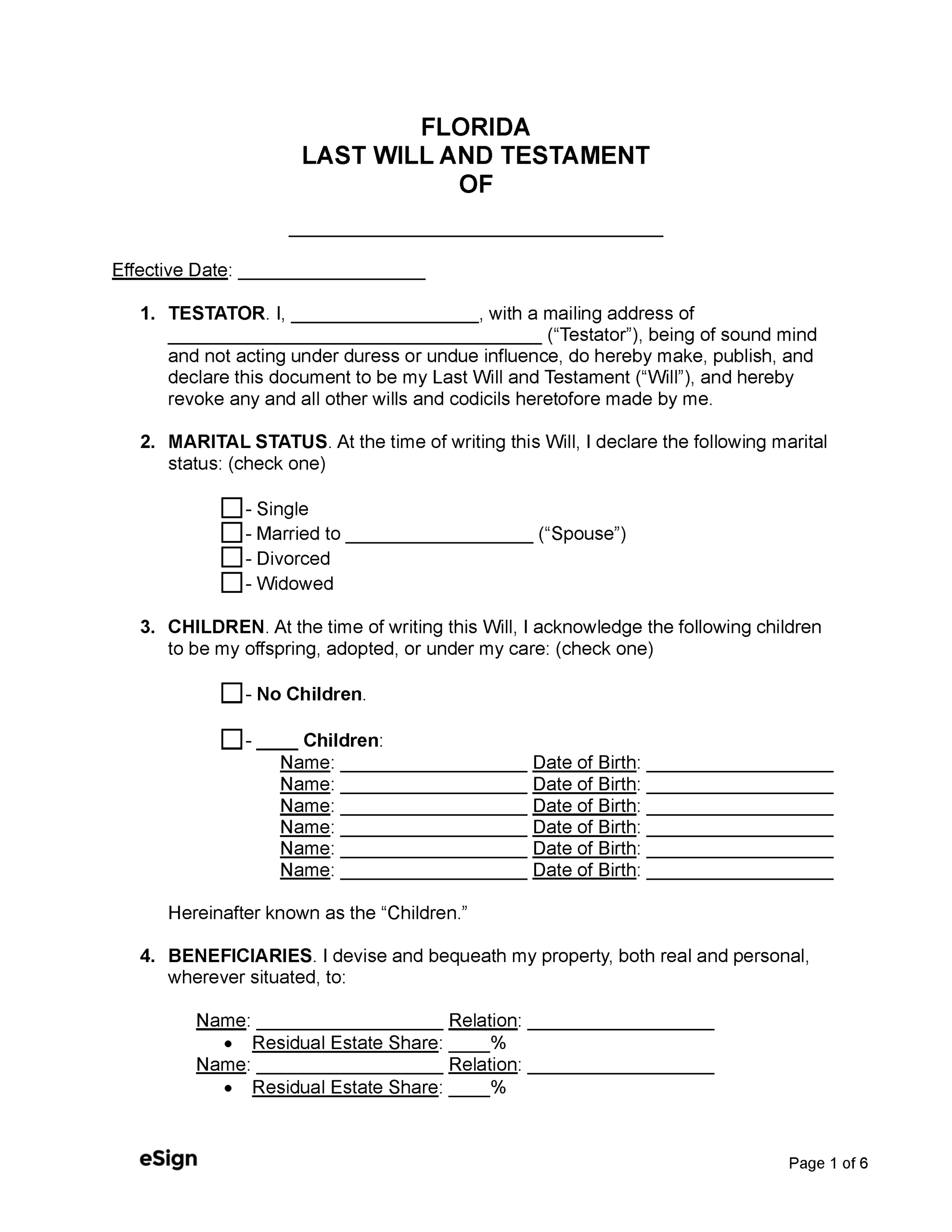 Free Florida Last Will And Testament Template | Pdf | Word within Free Printable Florida Last Will And Testament Form