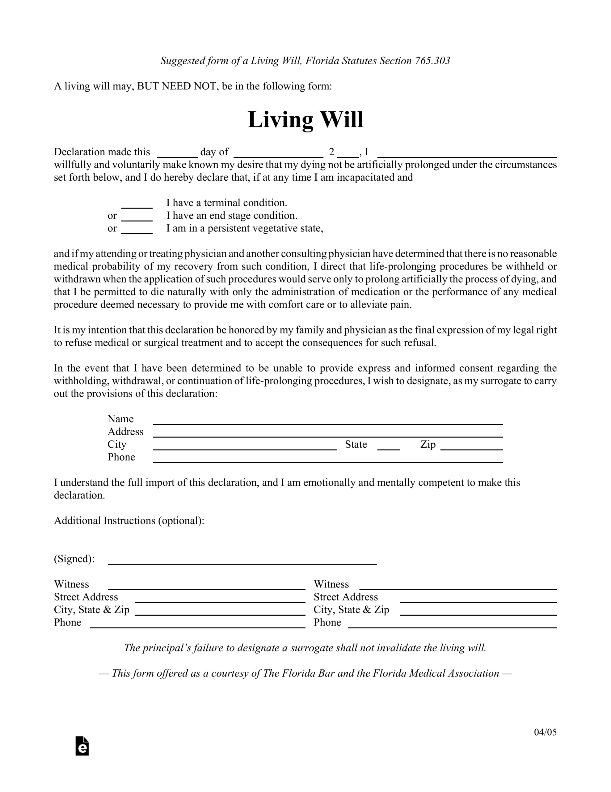 Free Florida Living Will Form Template - Pdf – Eforms intended for Living Will Forms Free Printable