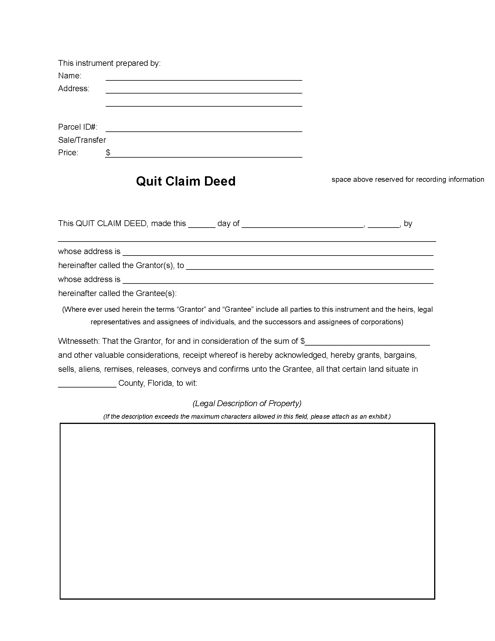 Free Florida Quit Claim Deed Form | Pdf with Free Printable Quit Claim Deed Form