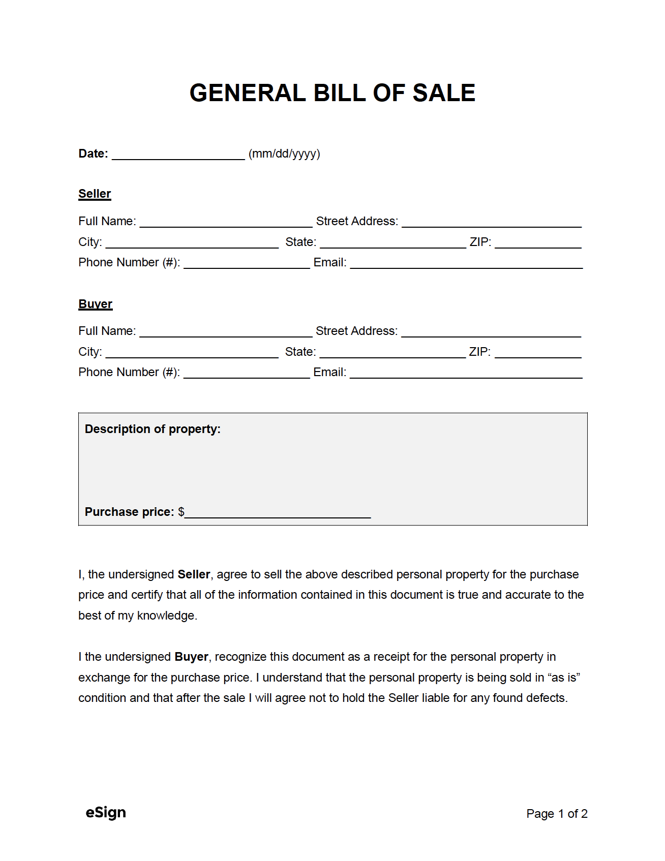 Free General Bill Of Sale Form | Pdf | Word for Free Printable Generic Bill Of Sale