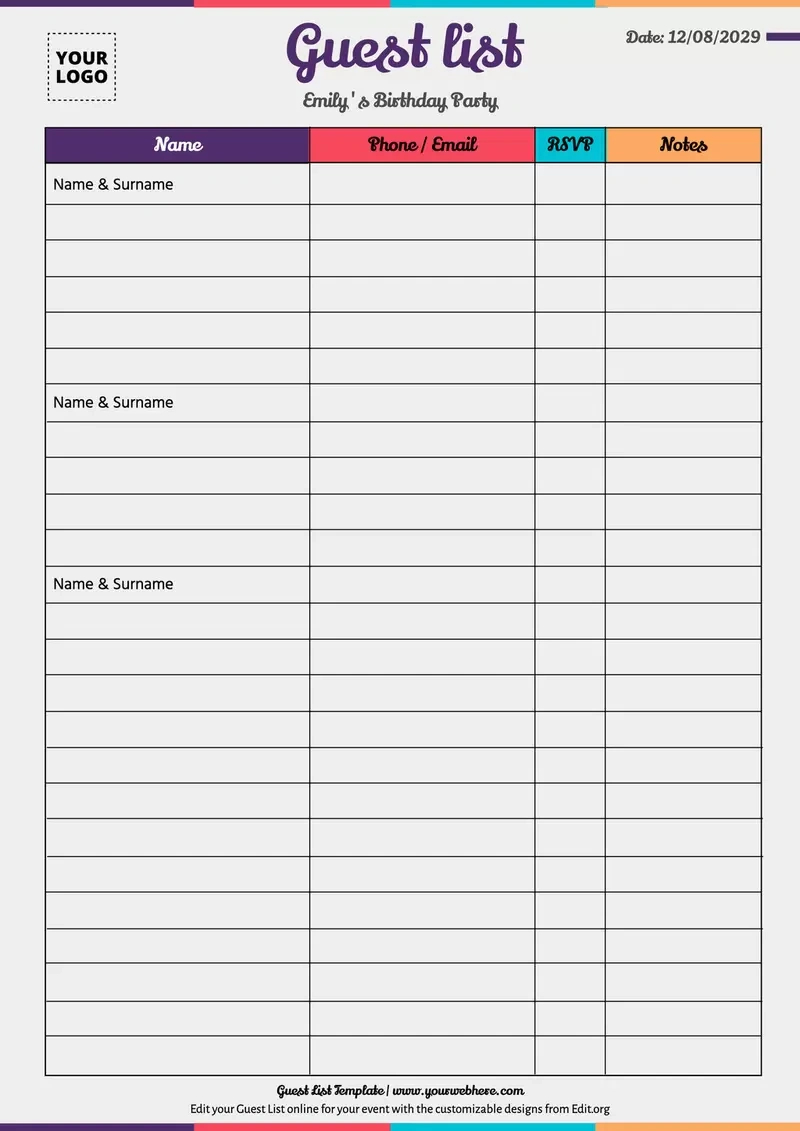 Free Guest List Templates To Customize within Free Printable Birthday Guest List