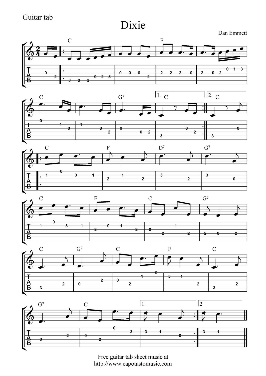 Free Guitar Tab Sheet Music, Dixie - Worksheets Library with regard to Free Printable Guitar Music