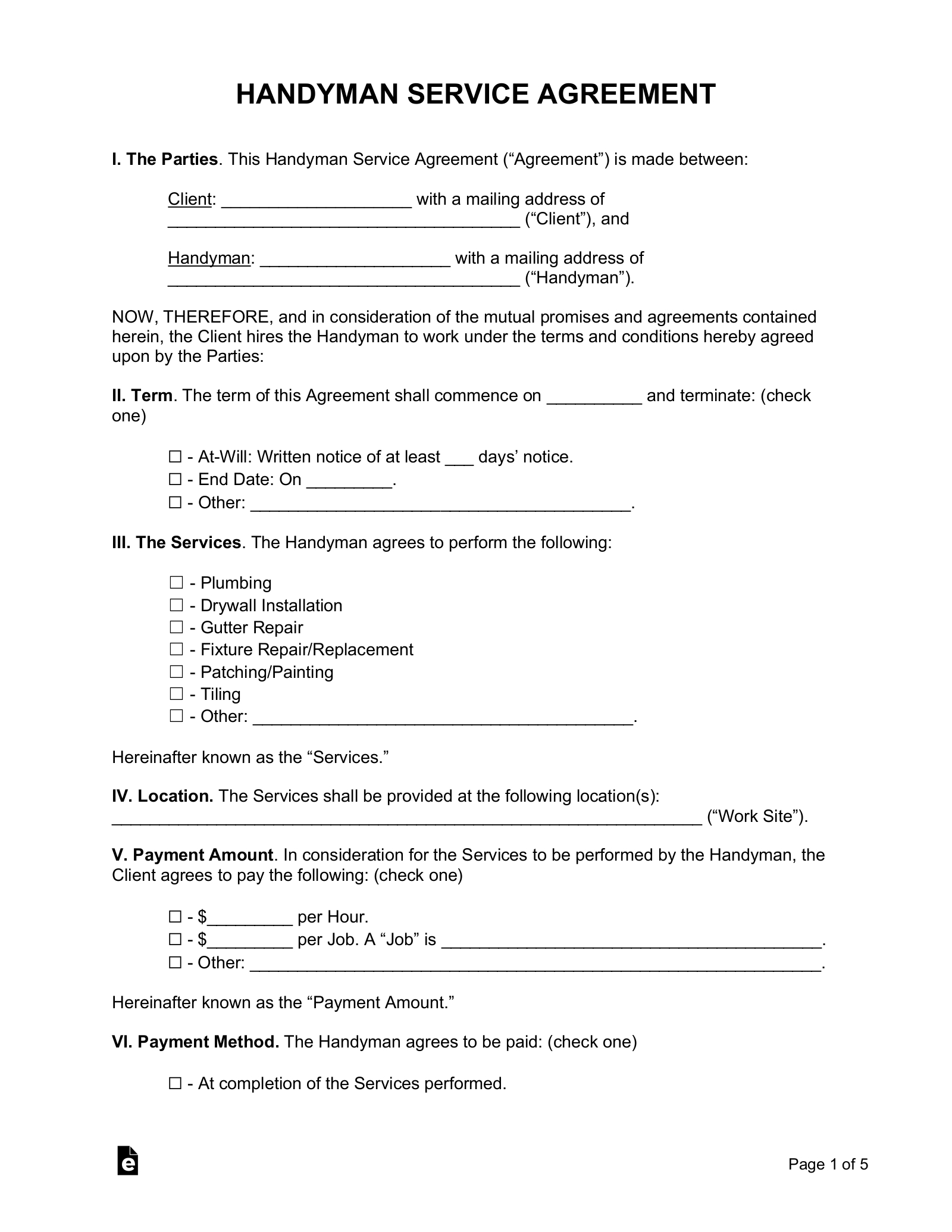 Free Handyman Contract - Pdf | Word – Eforms inside Free Printable Handyman Contracts