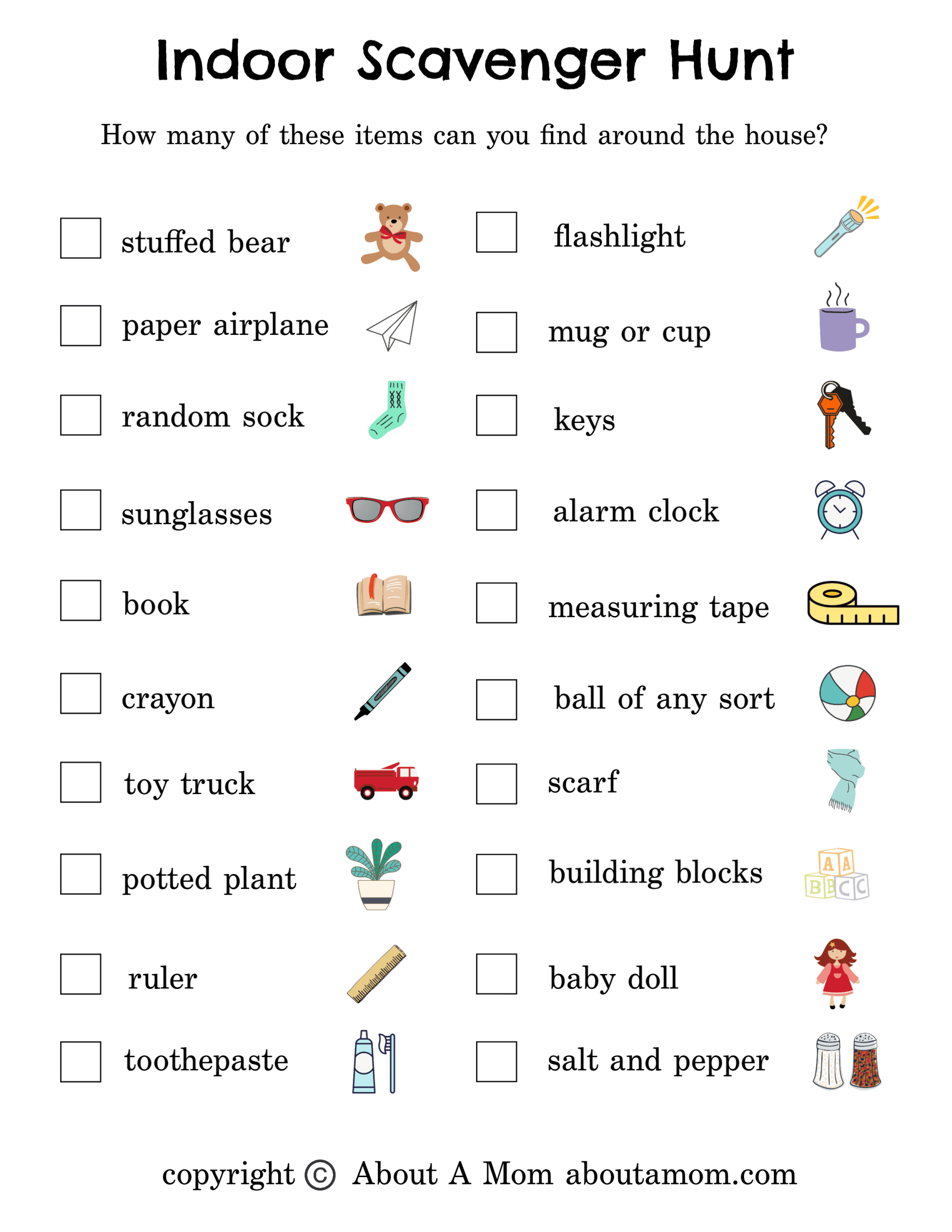 Free Indoor Scavenger Hunt Printable - About A Mom throughout Free Printable Scavenger Hunt For Kids