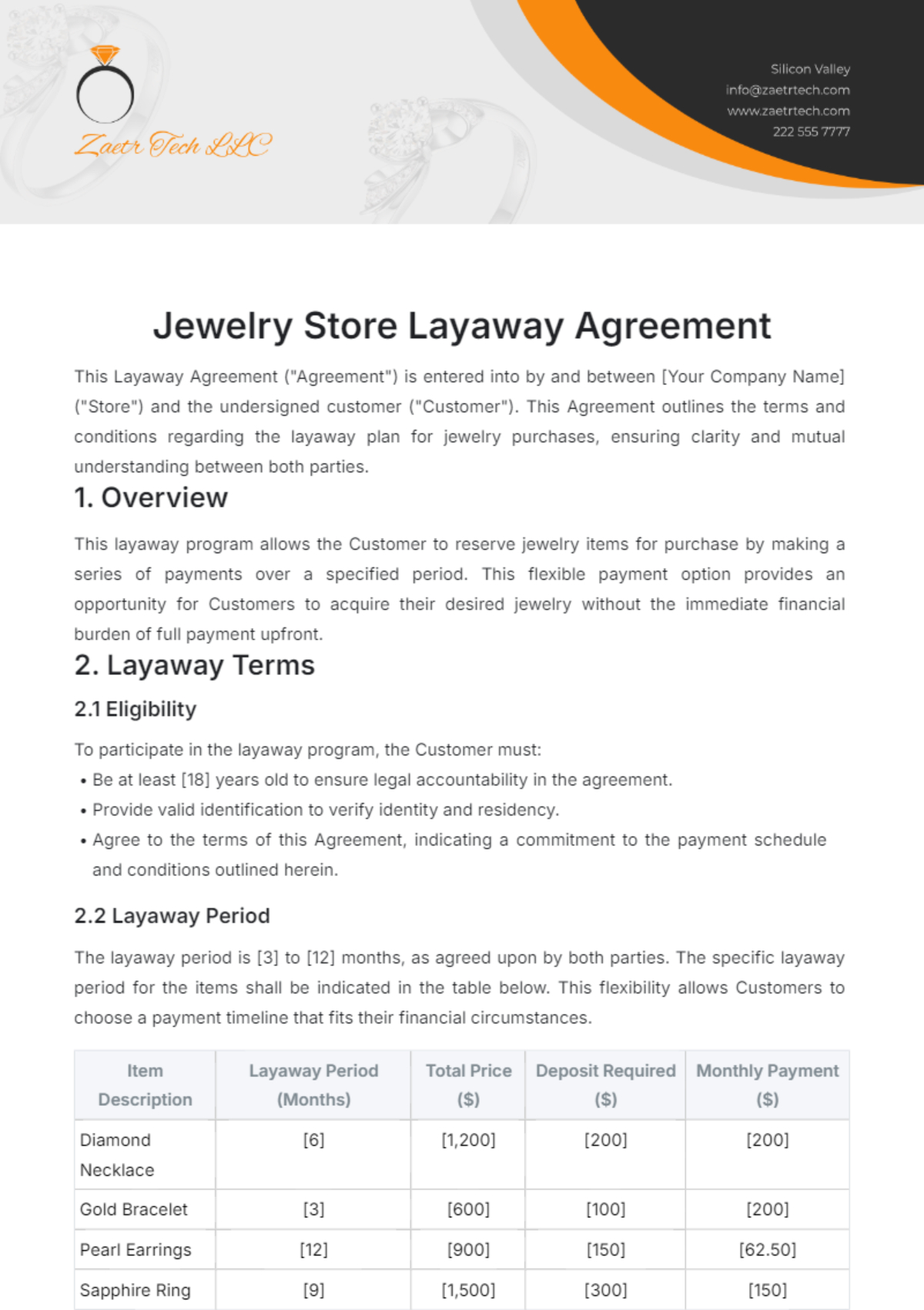 Free Jewelry Store Layaway Agreement Template To Edit Online for Free Printable Layaway Forms