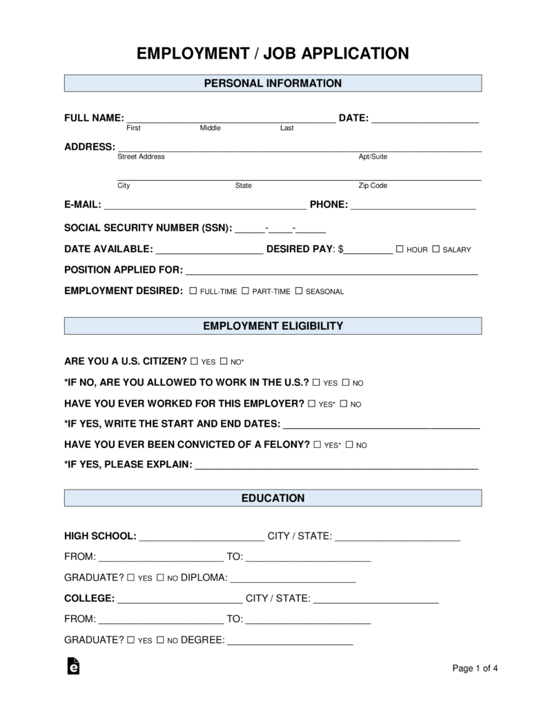 Free Job Application Forms (2) - Pdf | Word – Eforms regarding Free Printable Employment Application