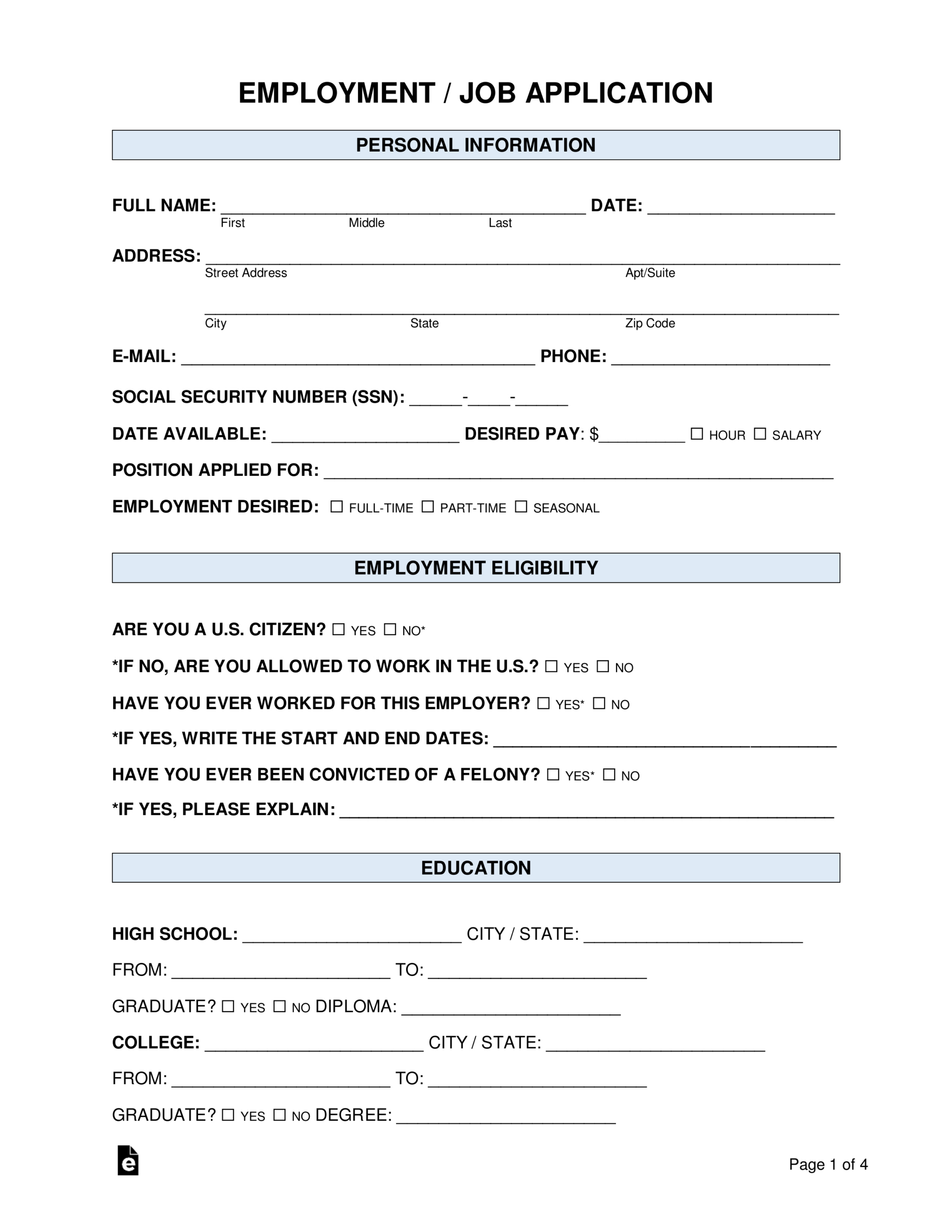 Free Job Application Forms (2) - Pdf | Word – Eforms with Application For Employment Form Free Printable