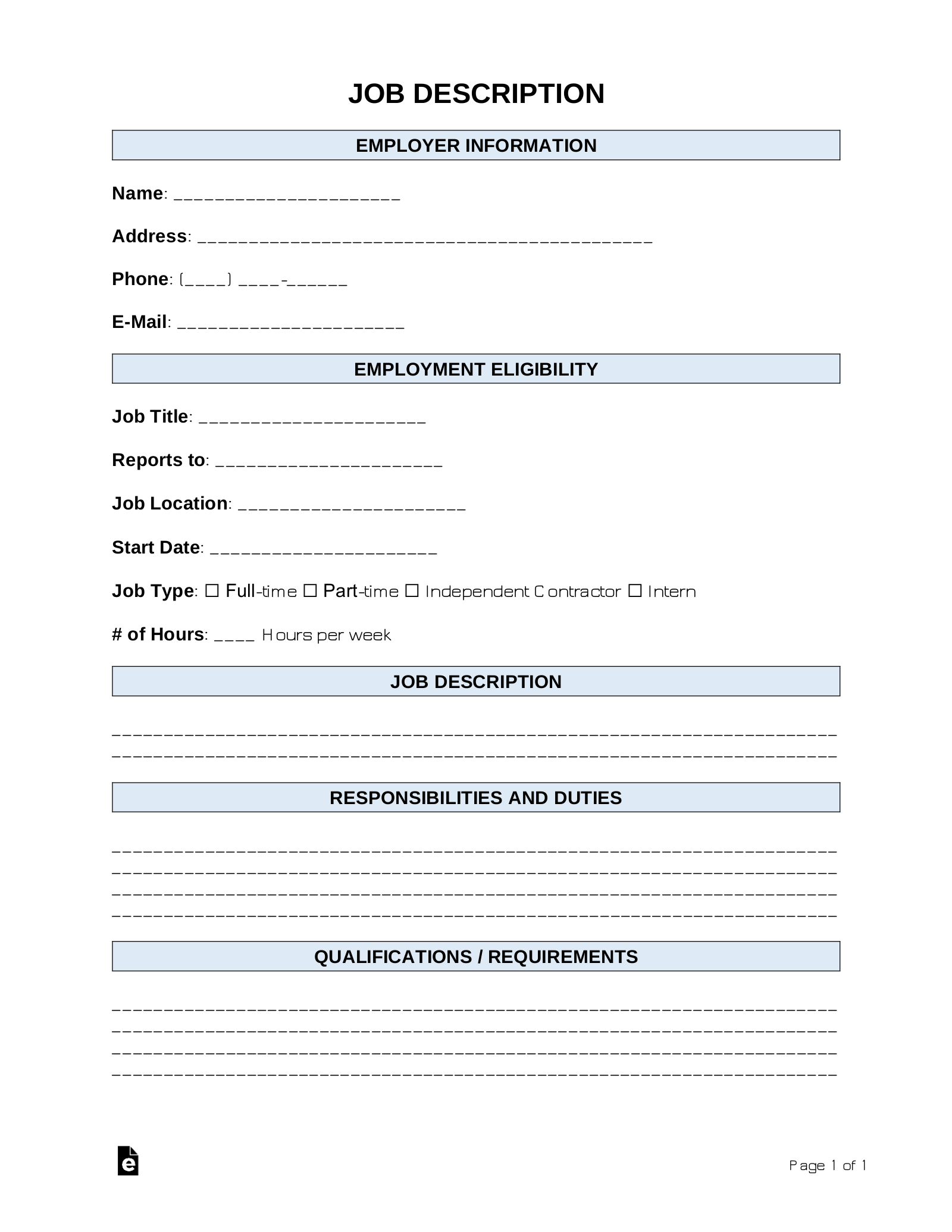 Free Job Description Template | Sample - Pdf | Word – Eforms within Free Printable Job Description Template