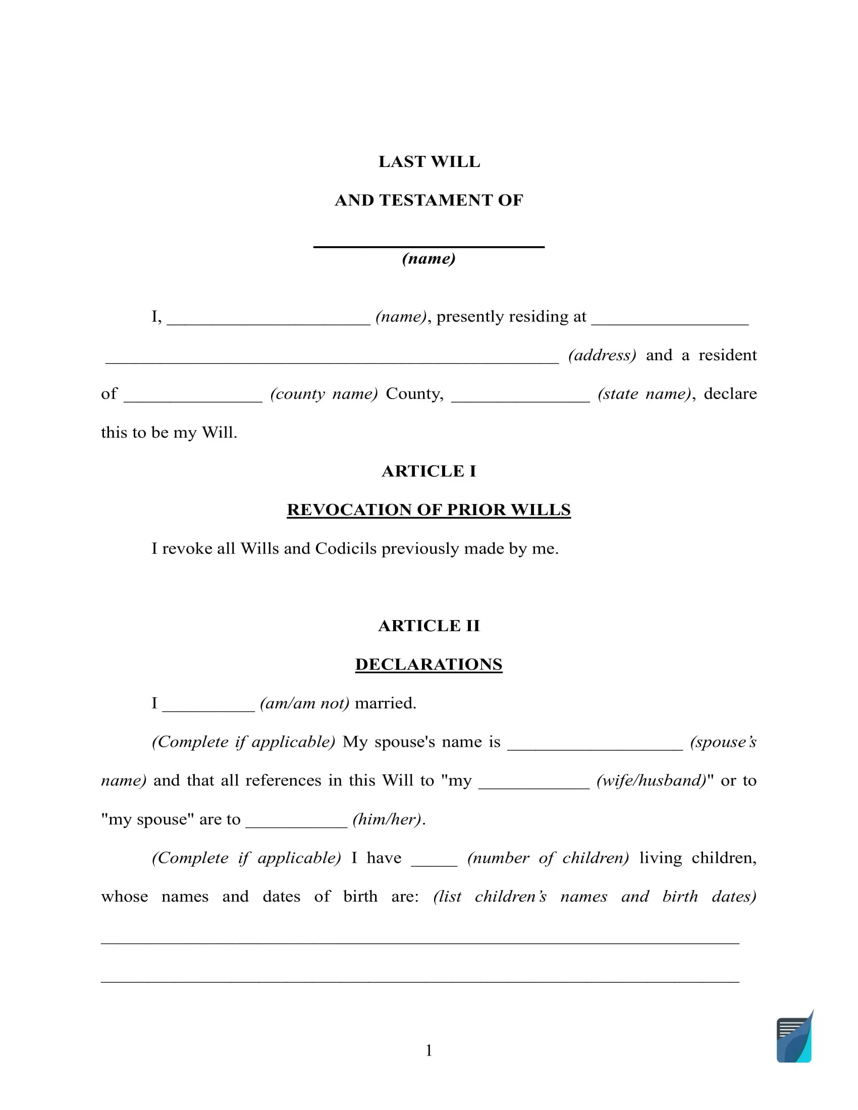 Free Last Will And Testament Template ⇒ Will Forms In Pdf And Doc intended for Free Printable Last Will And Testament Blank Forms