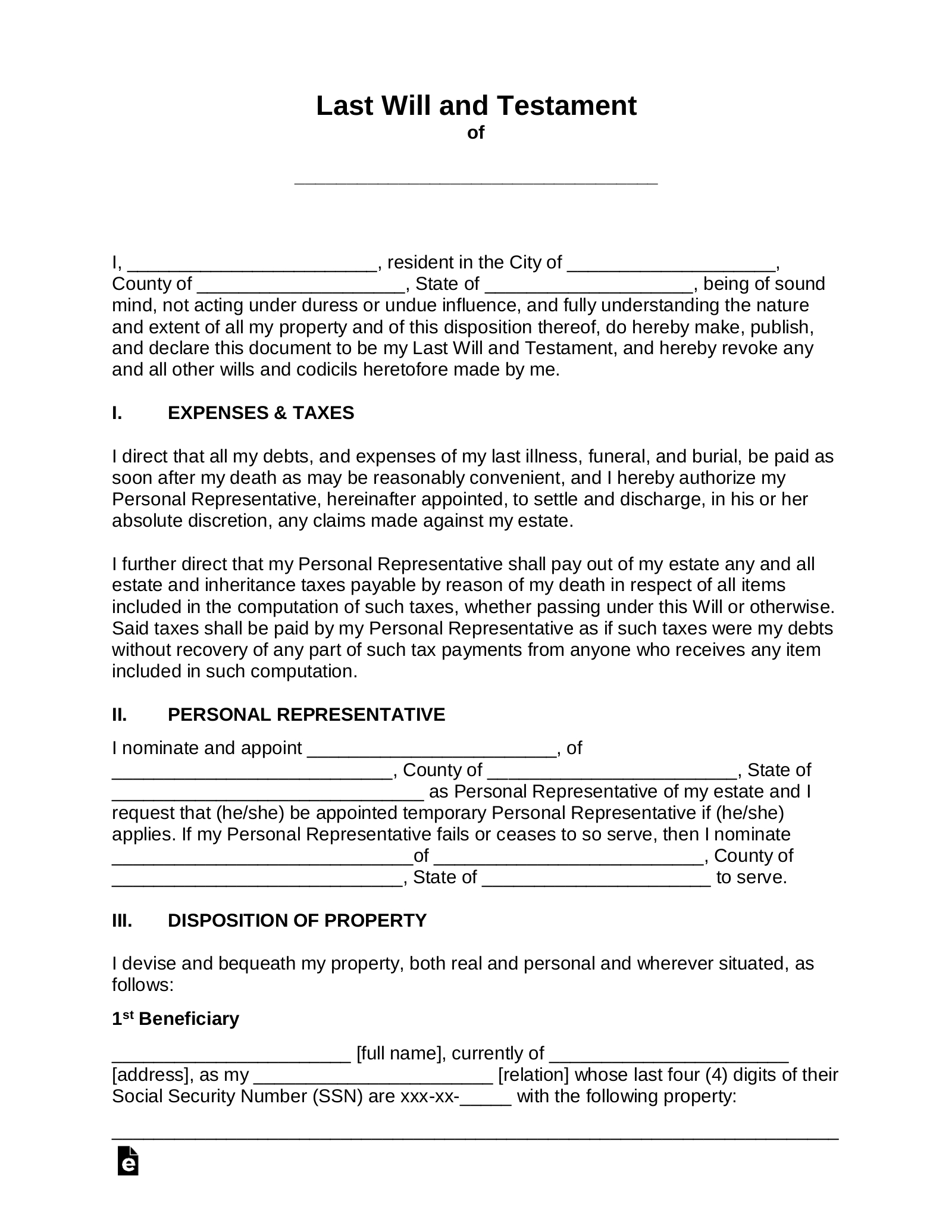 Free Last Will And Testament (Will) - Pdf | Word – Eforms with regard to Free Printable Last Will And Testament Forms